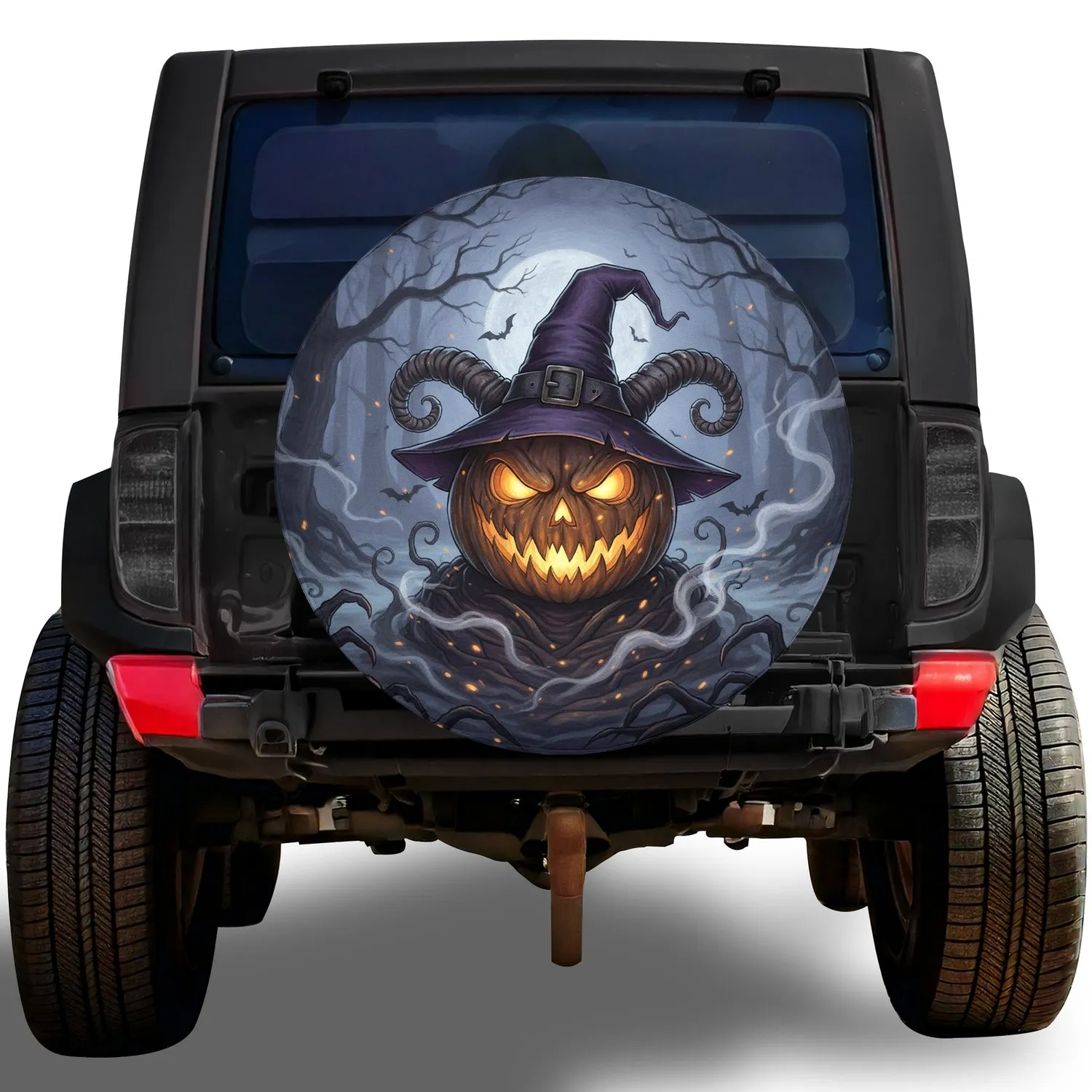Jack-o'-Lantern Witch Hat Skeletal Horns Spooky Forest - Halloween Decor Gift Spare Tire Cover - 1