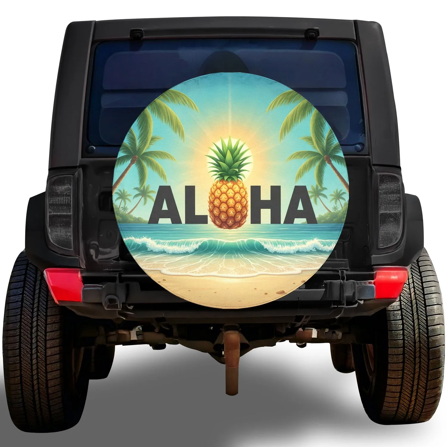 ALOHA Pineapple Palm Trees Ocean Sun Island Beach Sky Scene - Tropical Adventure Gift Spare Tire Cover - 1