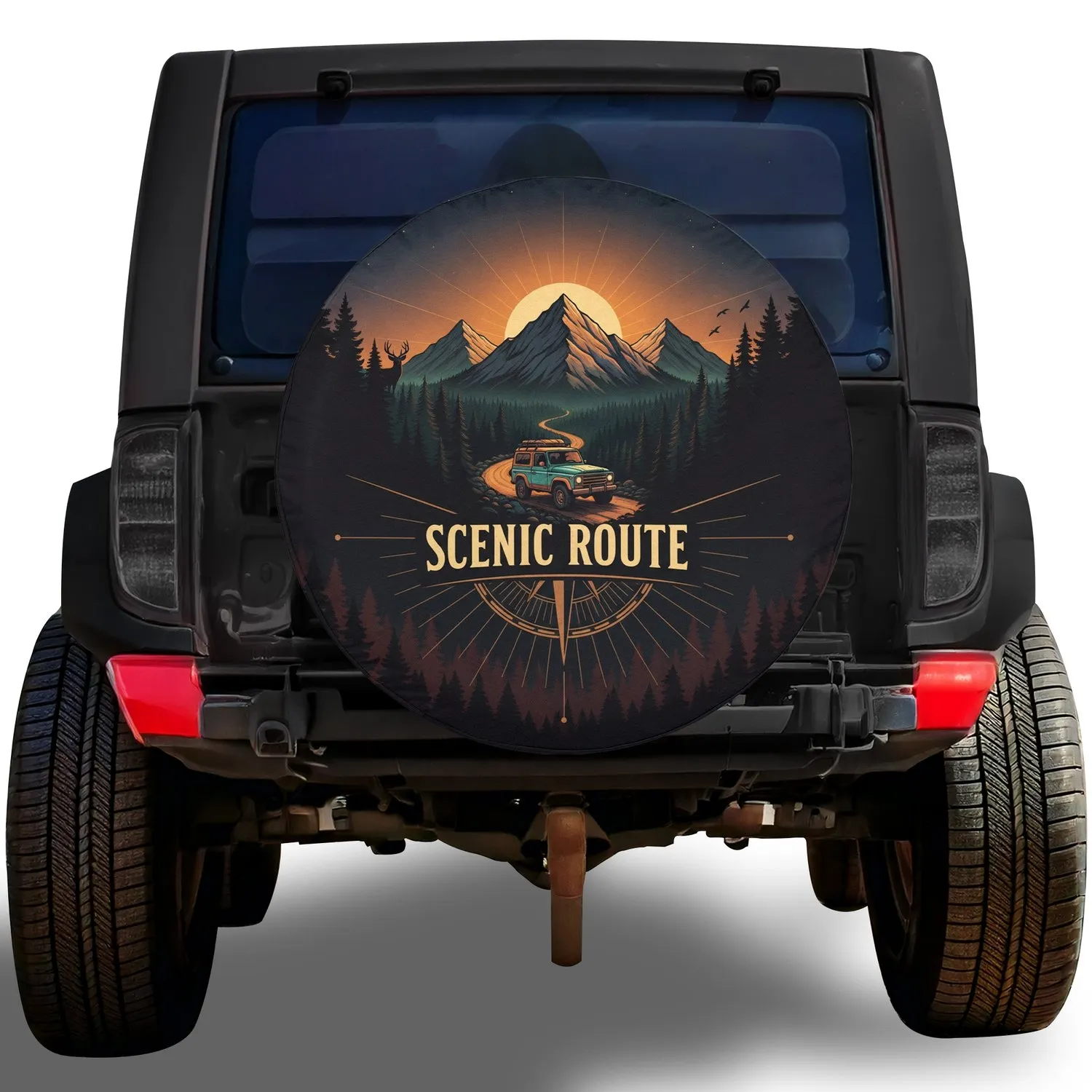 Scenic Route Compass Sunset Mountains Vintage 4x4 - Adventure Lover Gift Spare Tire Cover - 1