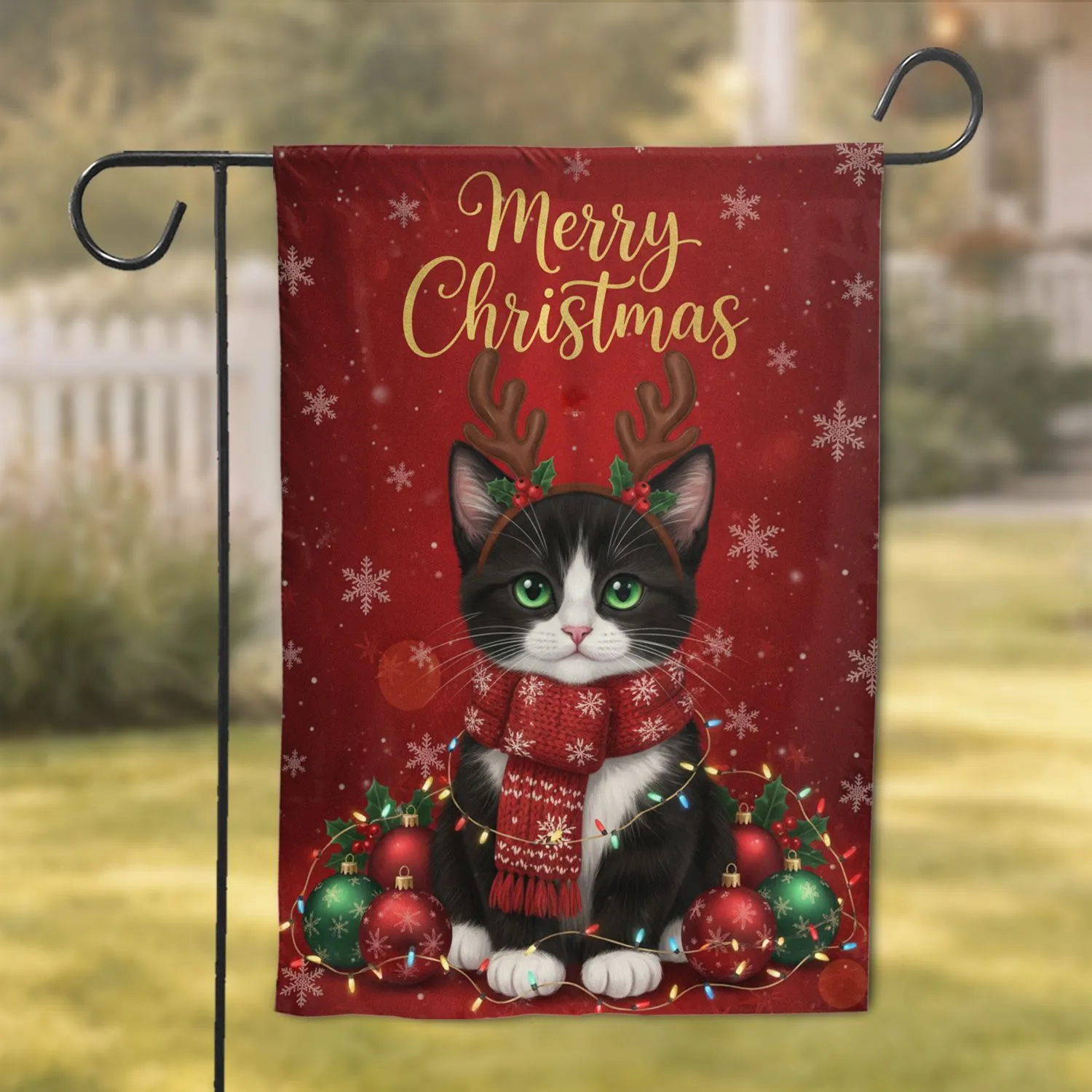 Black White Tuxedo Kitten Reindeer Antlers - Christmas Gift for Cat Lovers Garden Flag - 1