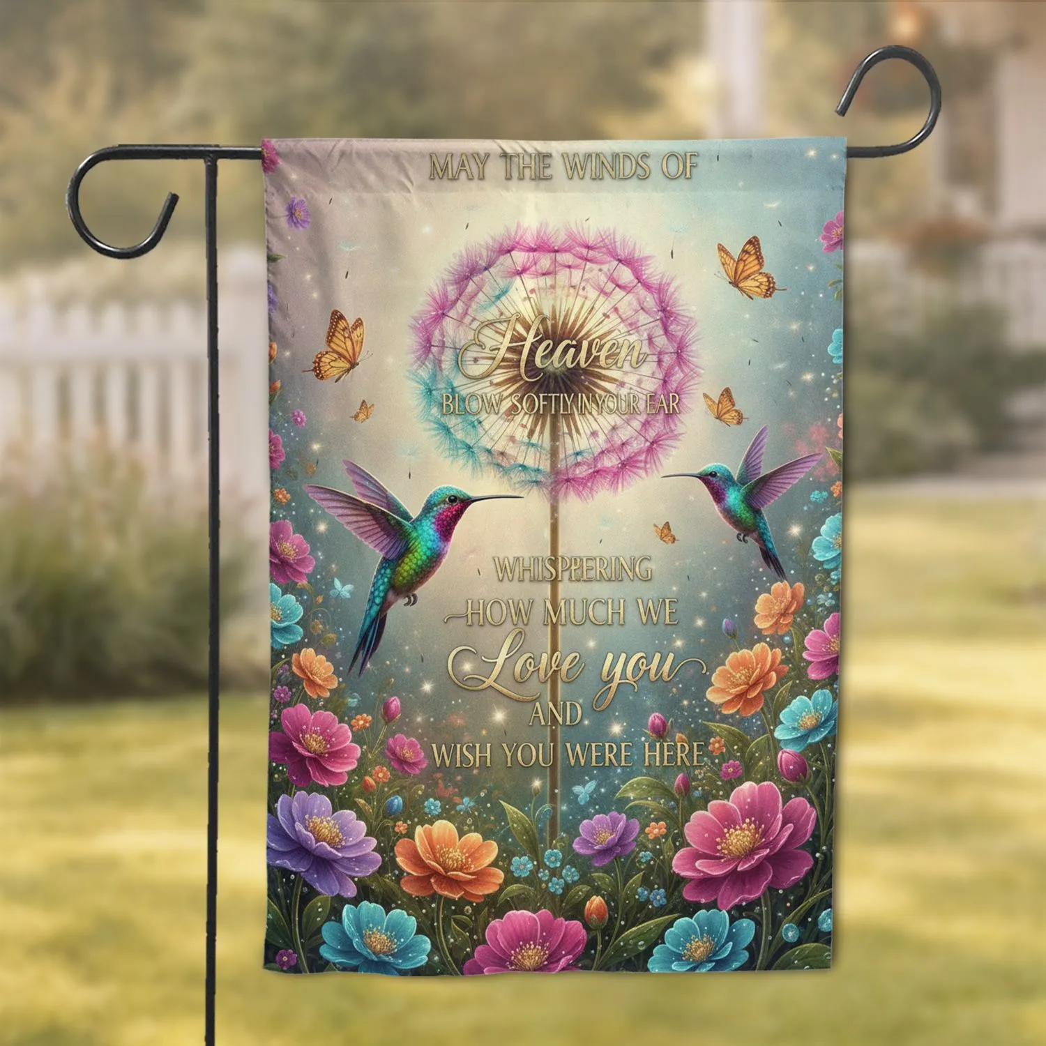 Heavenly Dandelion Hummingbird Butterfly Floral Garden - Memorial Sympathy Gift Garden Flag - 1