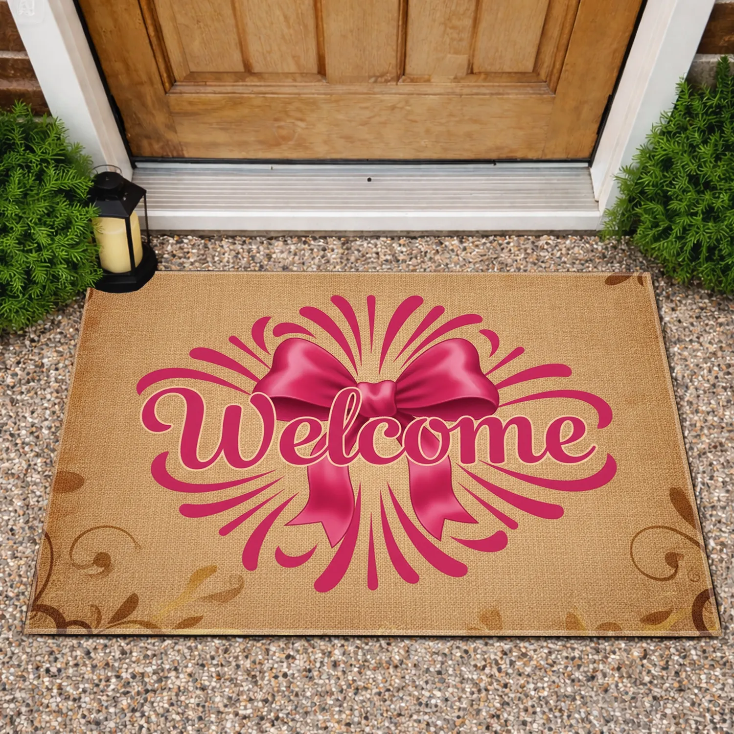 Welcome Script Fuchsia Bow Wavy Border Woven Texture - Rustic Home Decor Gift for New Homeowners Doormat - 1