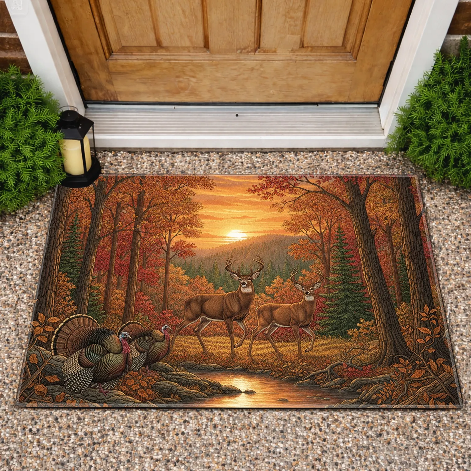 Deer Family Wild Turkeys Autumn Forest Sunset - Wildlife Lover Home Decor Gift Doormat - 1