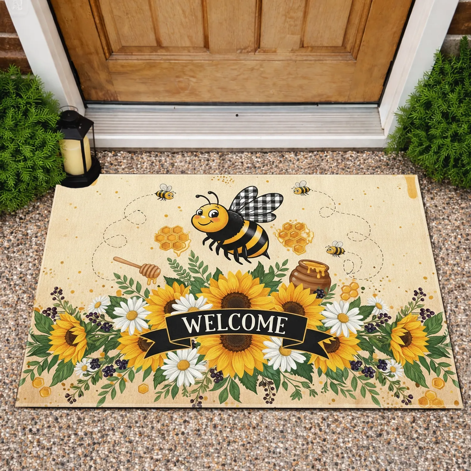 Gingham Checkered Bee Sunflower Welcome - Farmhouse Home Decor Gift Doormat - 1