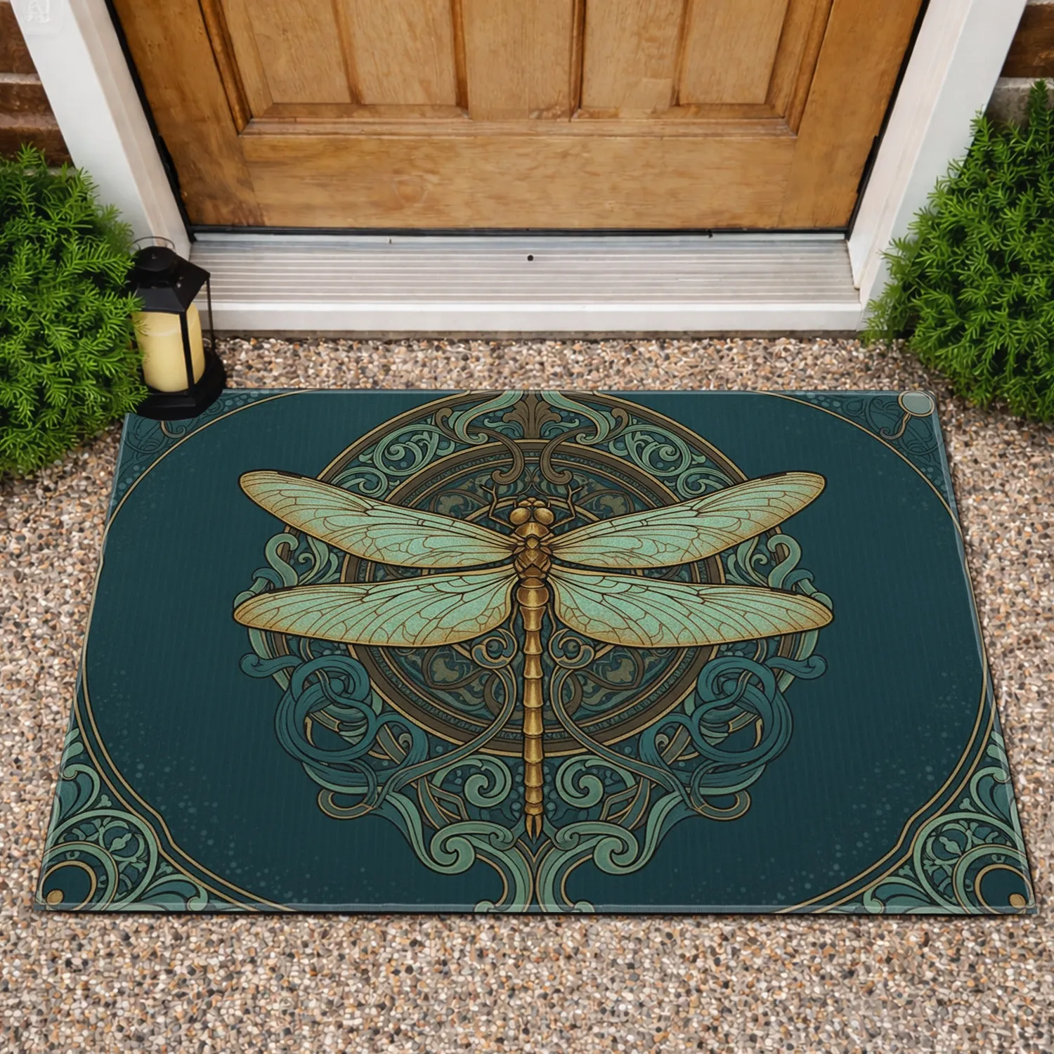 Art Nouveau Dragonfly Flourish Medallion - Home Decor Gift Doormat - 1