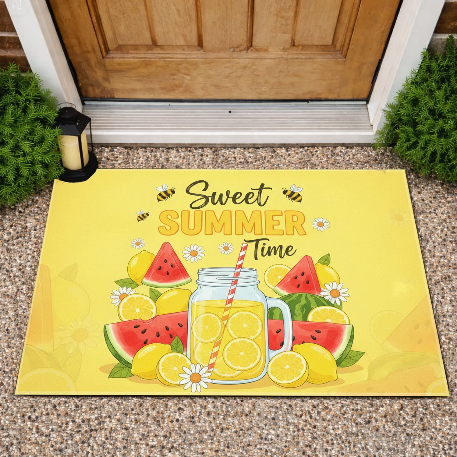 "Sweet SUMMER Time" Watermelon Lemonade Jar Bumblebees Daisies - Summer Home Decor Gift Doormat - 1