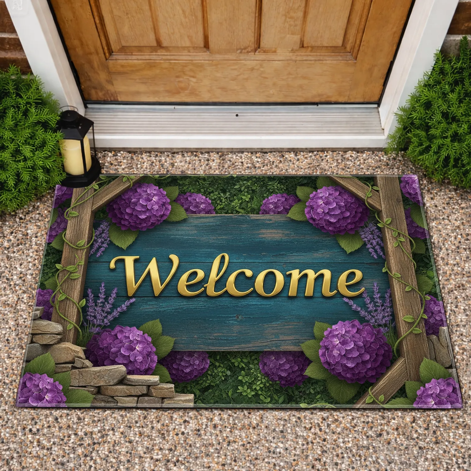 Golden Welcome Hydrangea Lavender Rustic Wood Stone - Farmhouse Home Decor Doormat - 1