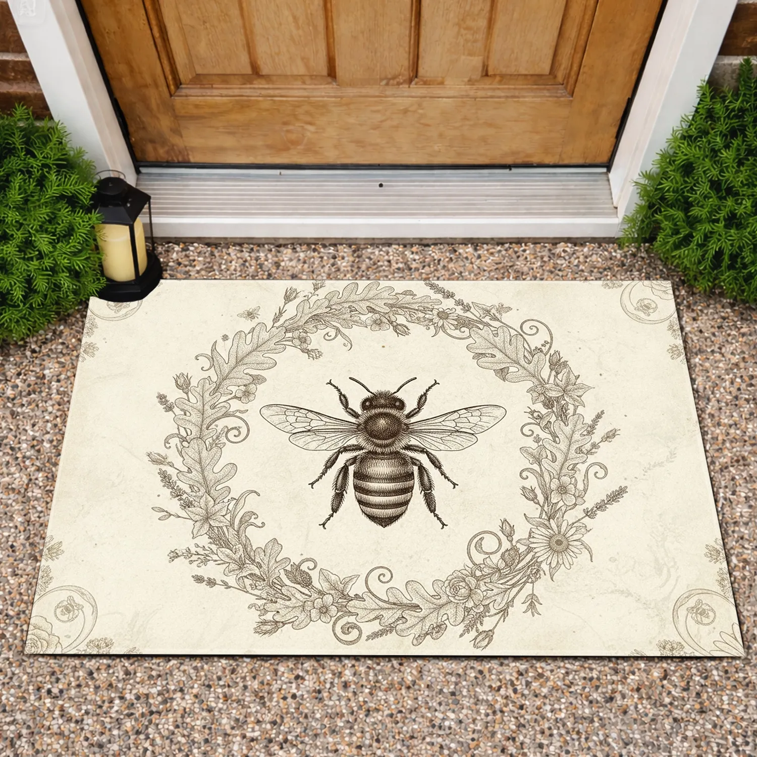 Aged Parchment Honey Bee Botanical Wreath - Wildlife Lover Home Decor Gift Doormat - 1