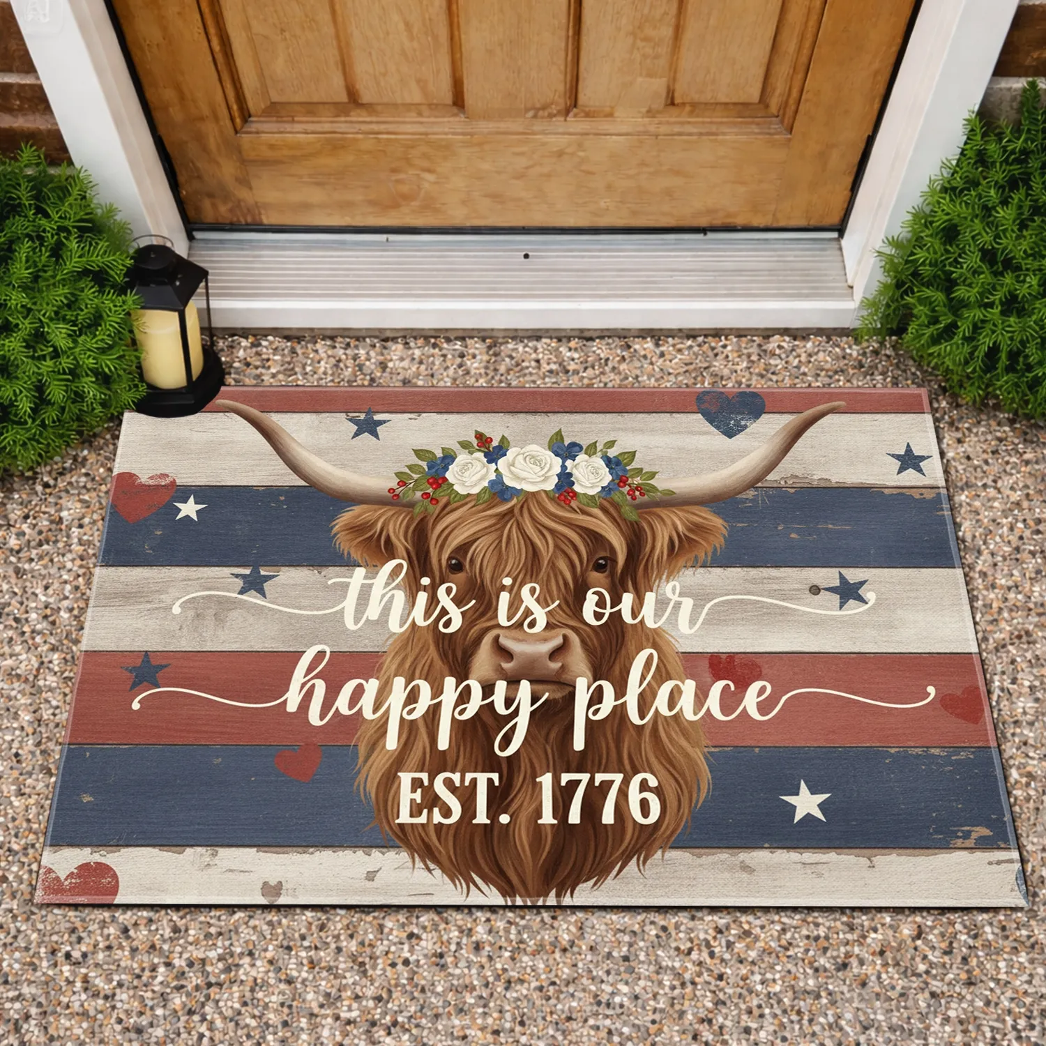 Highland Cow Floral Wreath Patriotic Stars - Independence Day Home Decor for Veterans Doormat - 1