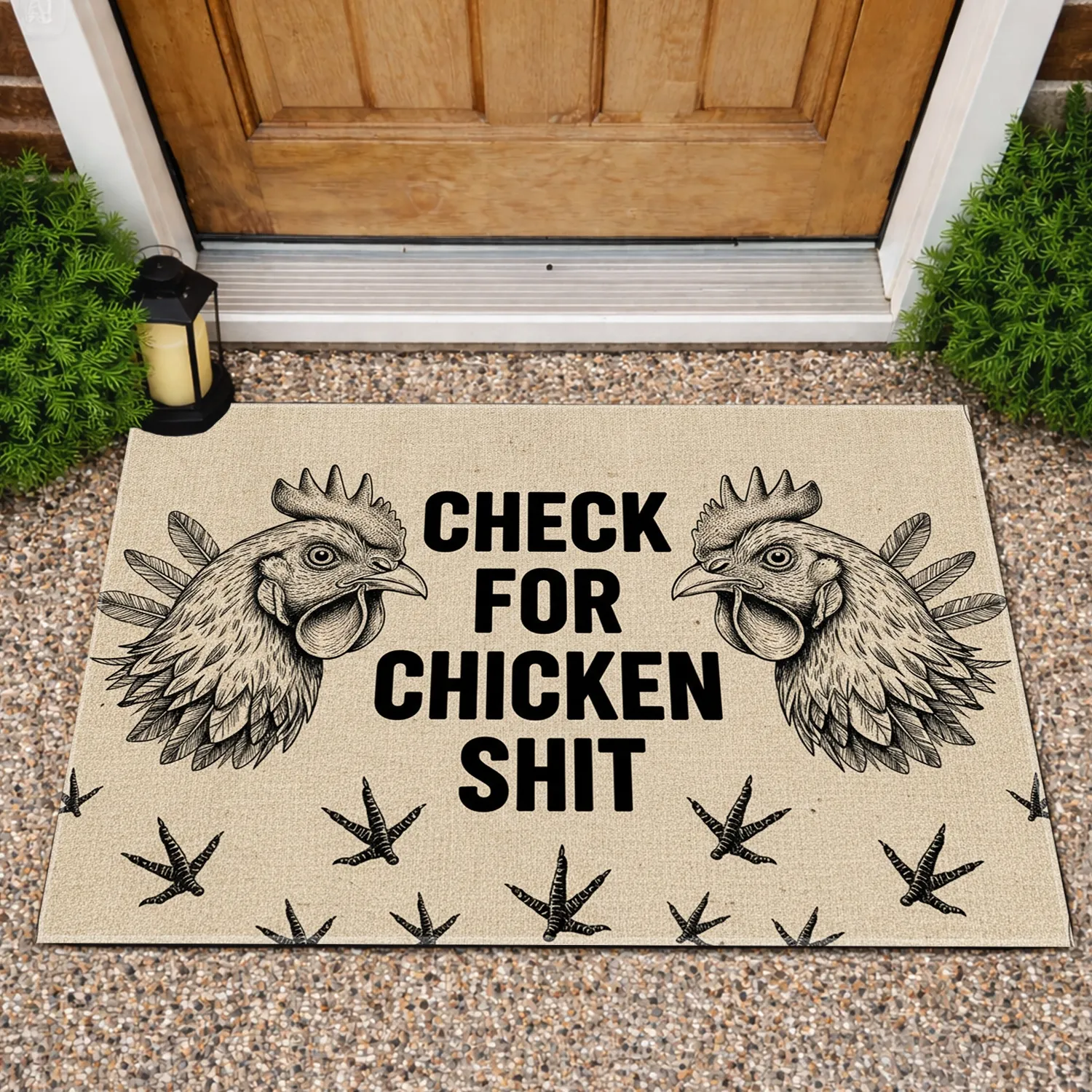 Check for Chicken Shit Typography Chicken Heads - Rustic Farmhouse Decor Gift Doormat - 1
