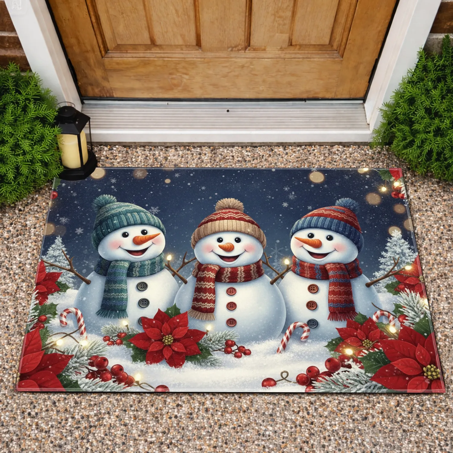 Three Snowmen Poinsettia Candy Cane Christmas Holiday Gift Doormat - 1
