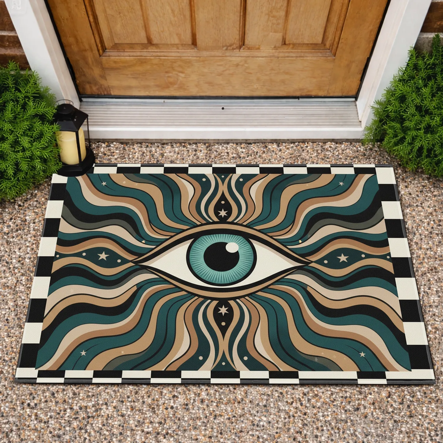 Celestial Eye Wavy Lines Checkerboard Stars - Mystical Home Decor Gift Doormat - 1