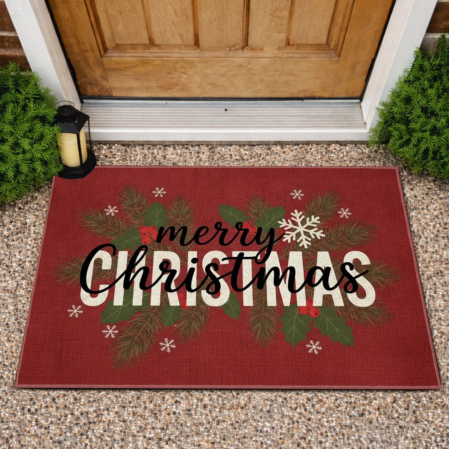 Merry Christmas Snowflake Pine Holly Berries - Rustic Farmhouse Christmas Decor Doormat - 1