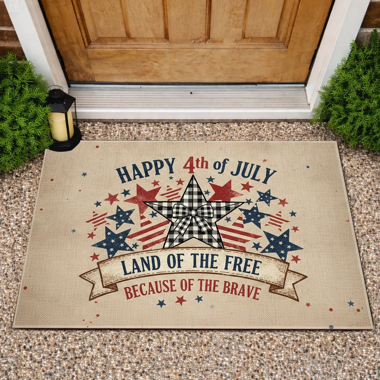 Gingham Star Patriotic Stars Happy 4th of July Banner - Farmhouse Home Decor for Veterans Doormat - 1