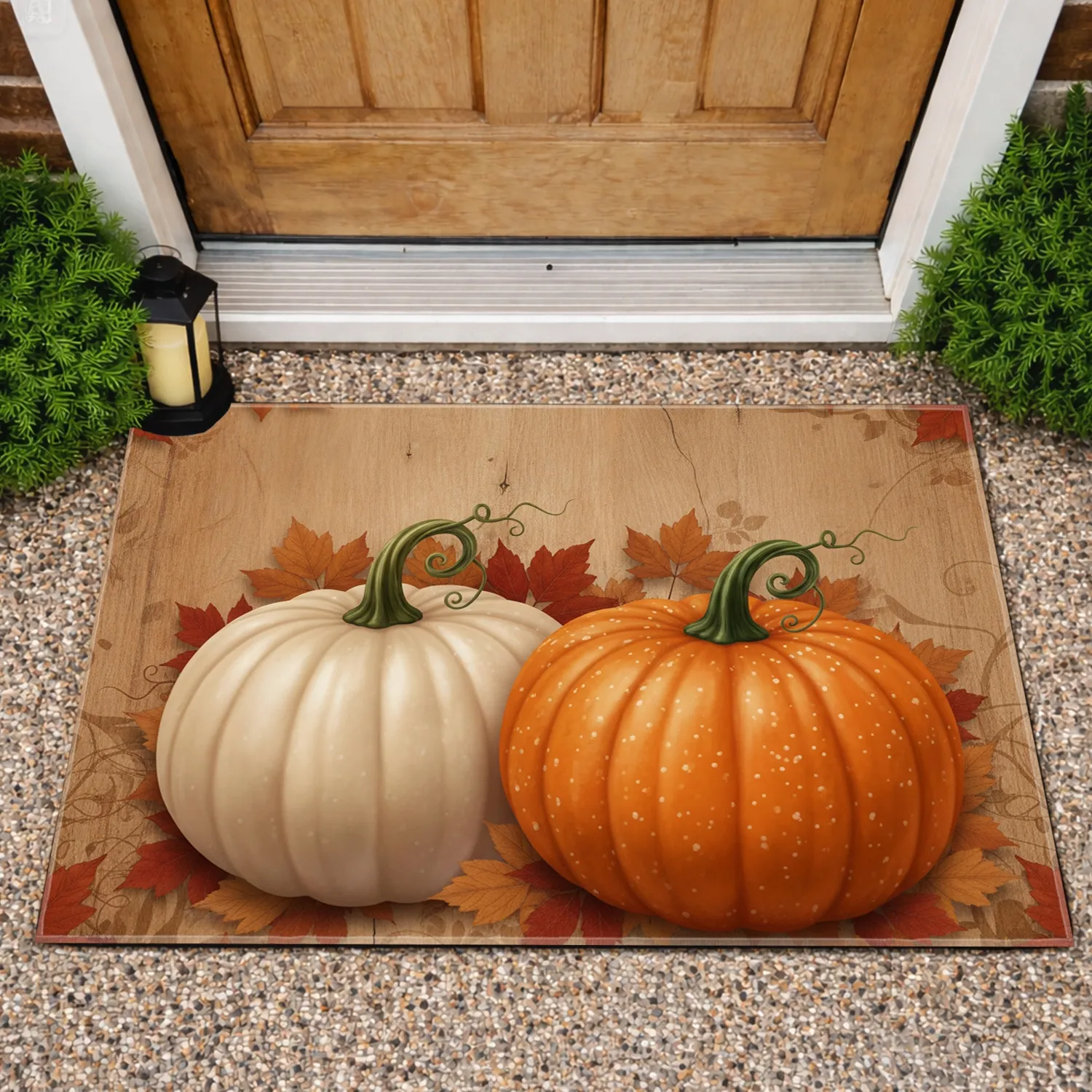 Vibrant Orange Cream Pumpkins Autumn Leaves Wooden Background - Rustic Fall Decor Doormat - 1