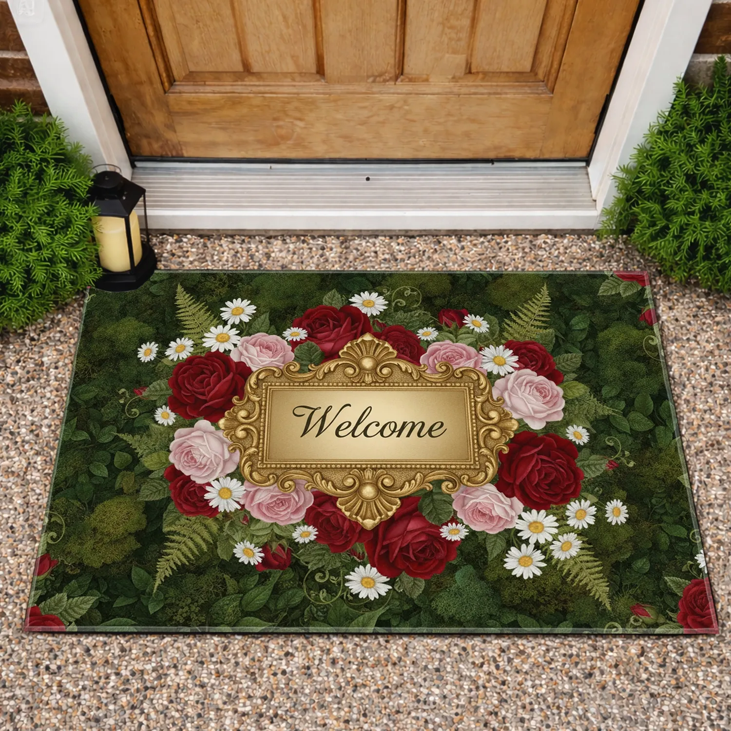 Rococo Gilded Welcome Frame with Roses Daisies - Home Decor Gift for Homeowners Doormat - 1