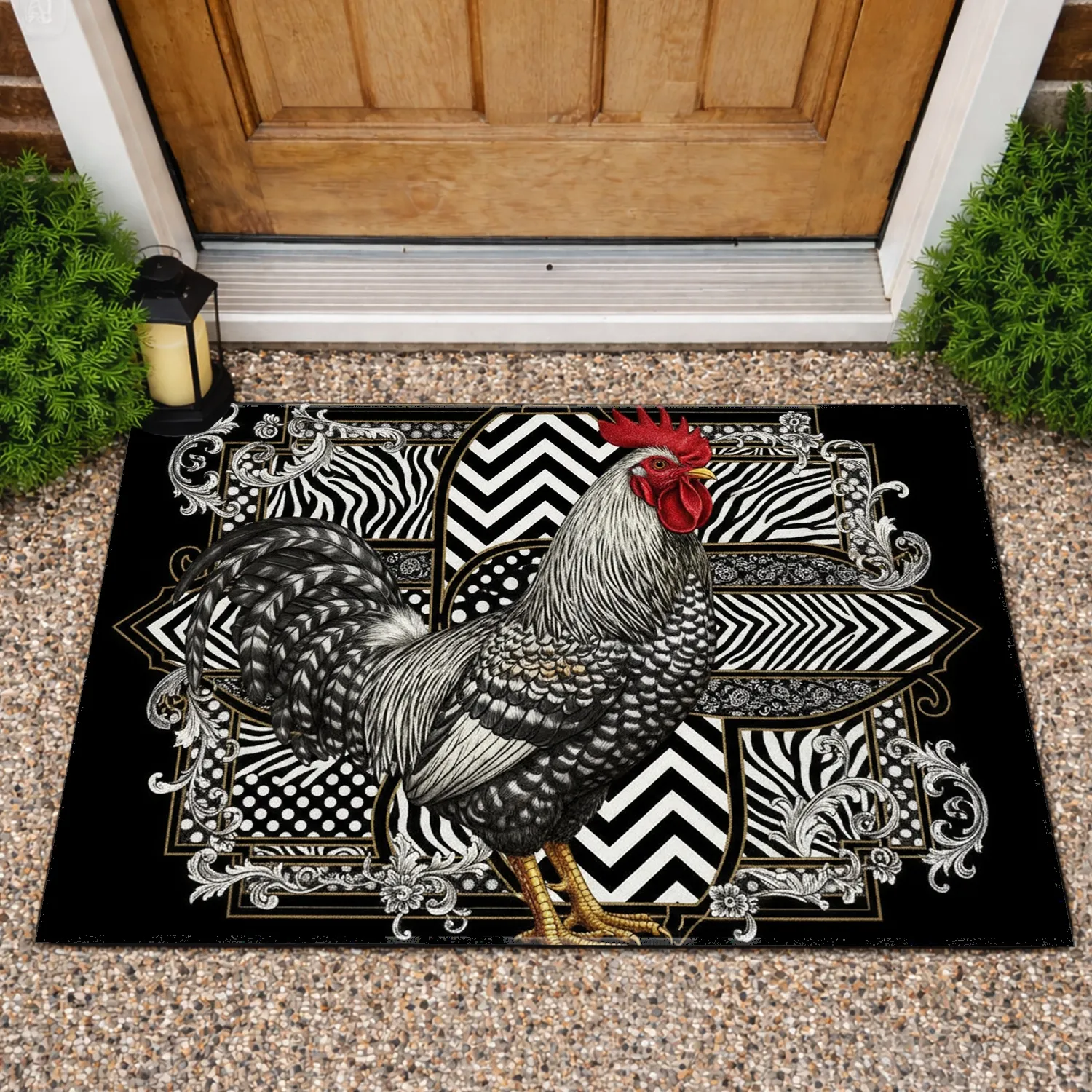 Barred Rock Rooster Checkered - Farmhouse Home Decor for Poultry Lover Doormat - 1