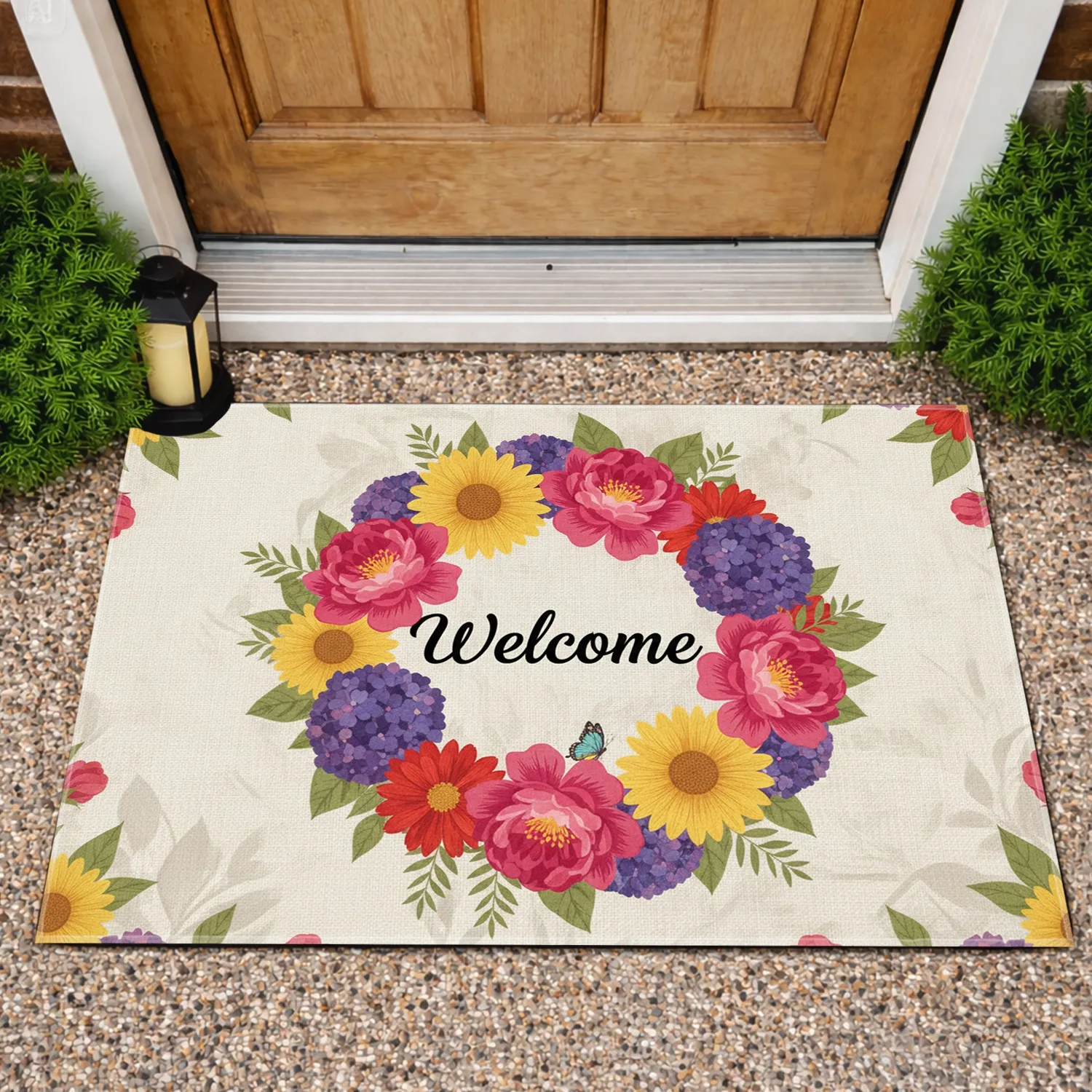 Welcome Script Daisy Butterfly Floral Garden - Housewarming Home Decor Gift Doormat - 1