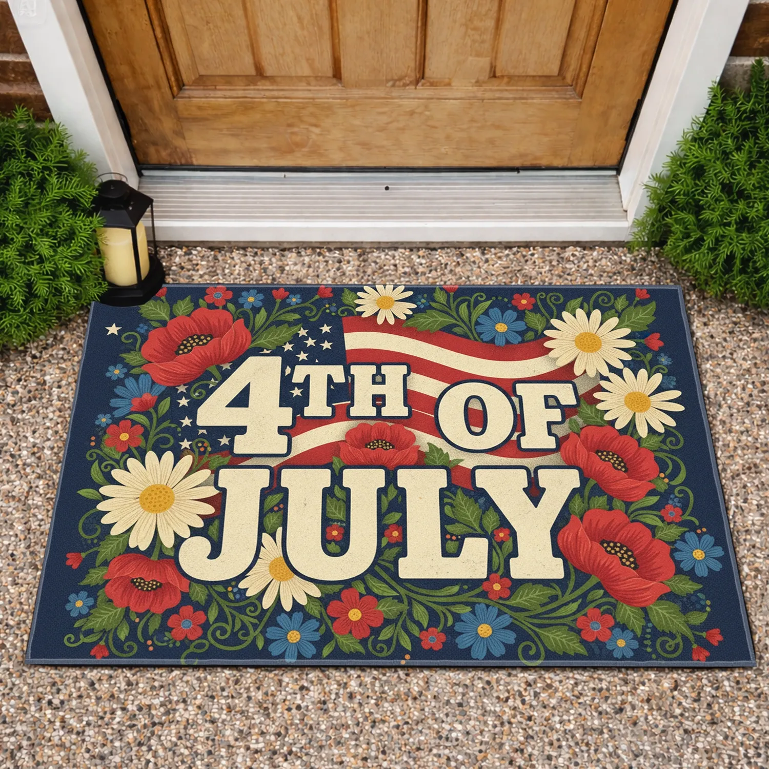 4th of July American Flag Poppies Daisies - Home Decor Gift for Party Hosts Doormat - 1
