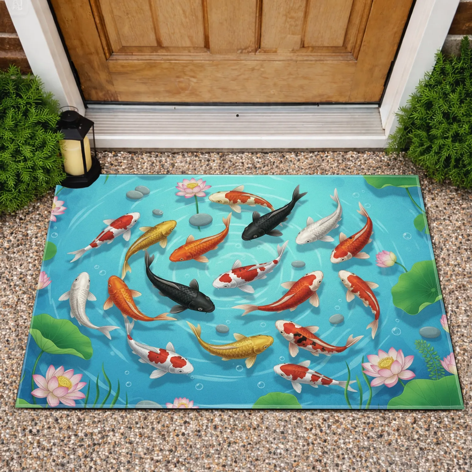 Diverse Koi Fish Lotus Lily Pads Pond Water Scene - Home Decor Gift for Nature Lover Doormat - 1