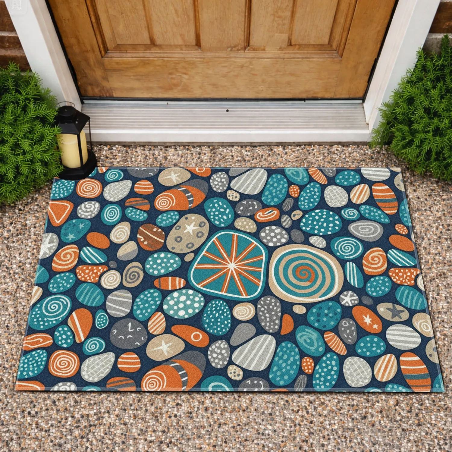 River Stone Pebble Mosaic Stripes Dots Swirls Stars - Natural Home Decor Gift Doormat - 1