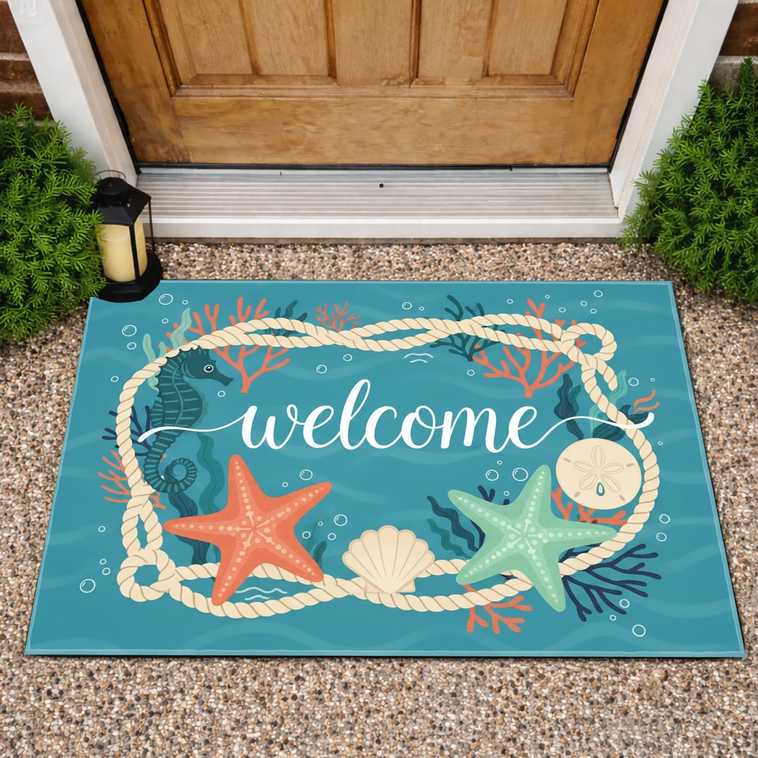 Welcome Starfish Seahorse Nautical Rope - Coastal Home Decor Gift Doormat - 1