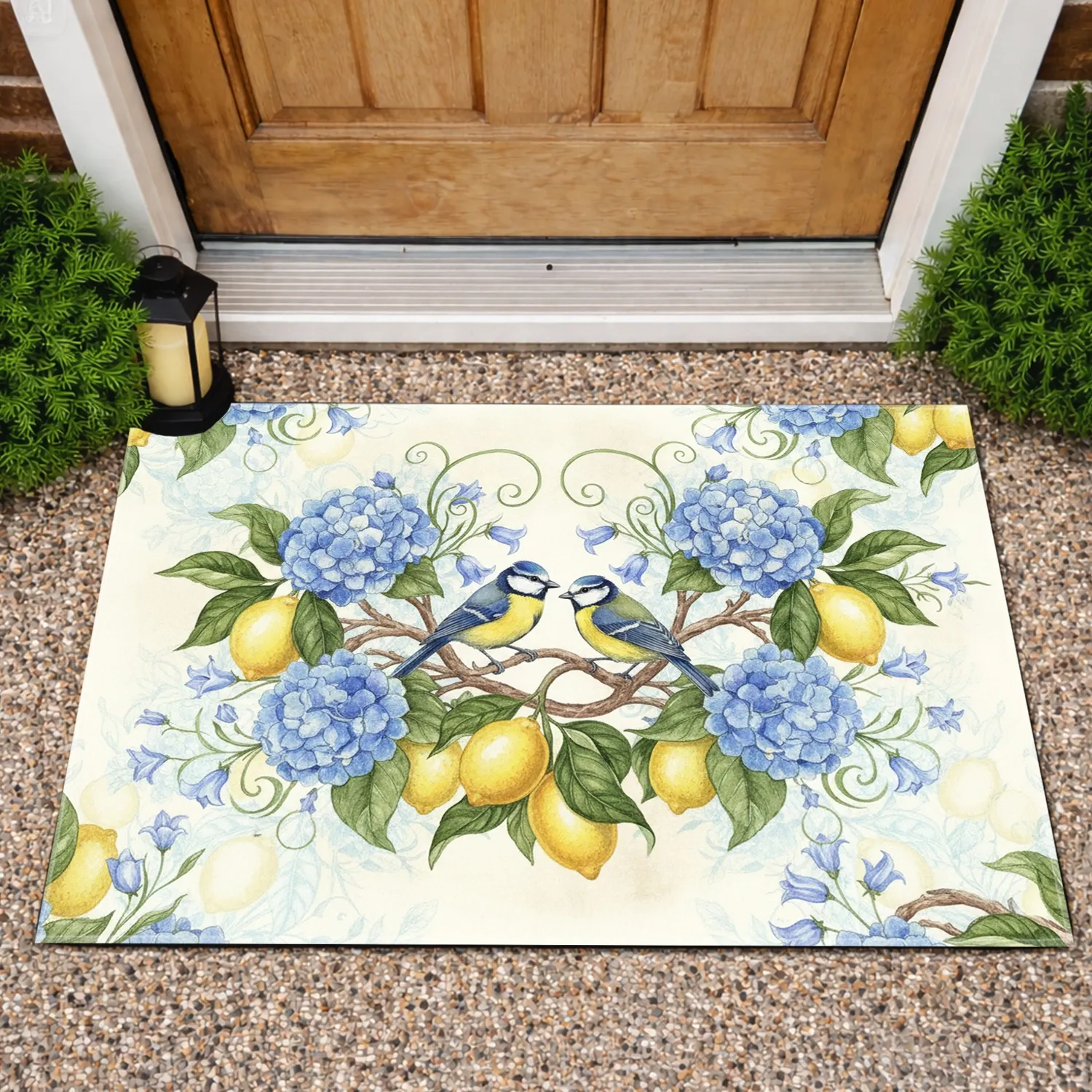 Vibrant Blue Tit Birds Lemon Hydrangea Flower - Home Decor Gift for Garden Lovers Doormat - 1