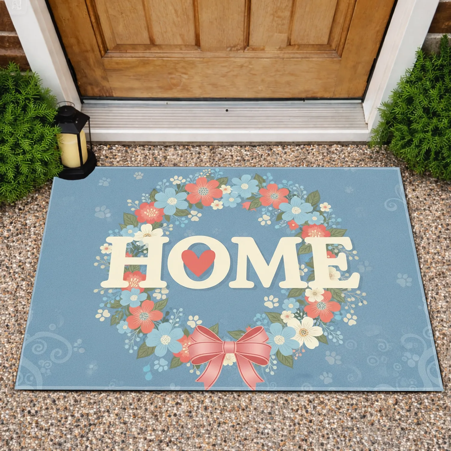 Farmhouse HOME Heart Floral Wreath Green Leaves Berries Paw Prints - Home Decor Gift Doormat - 1