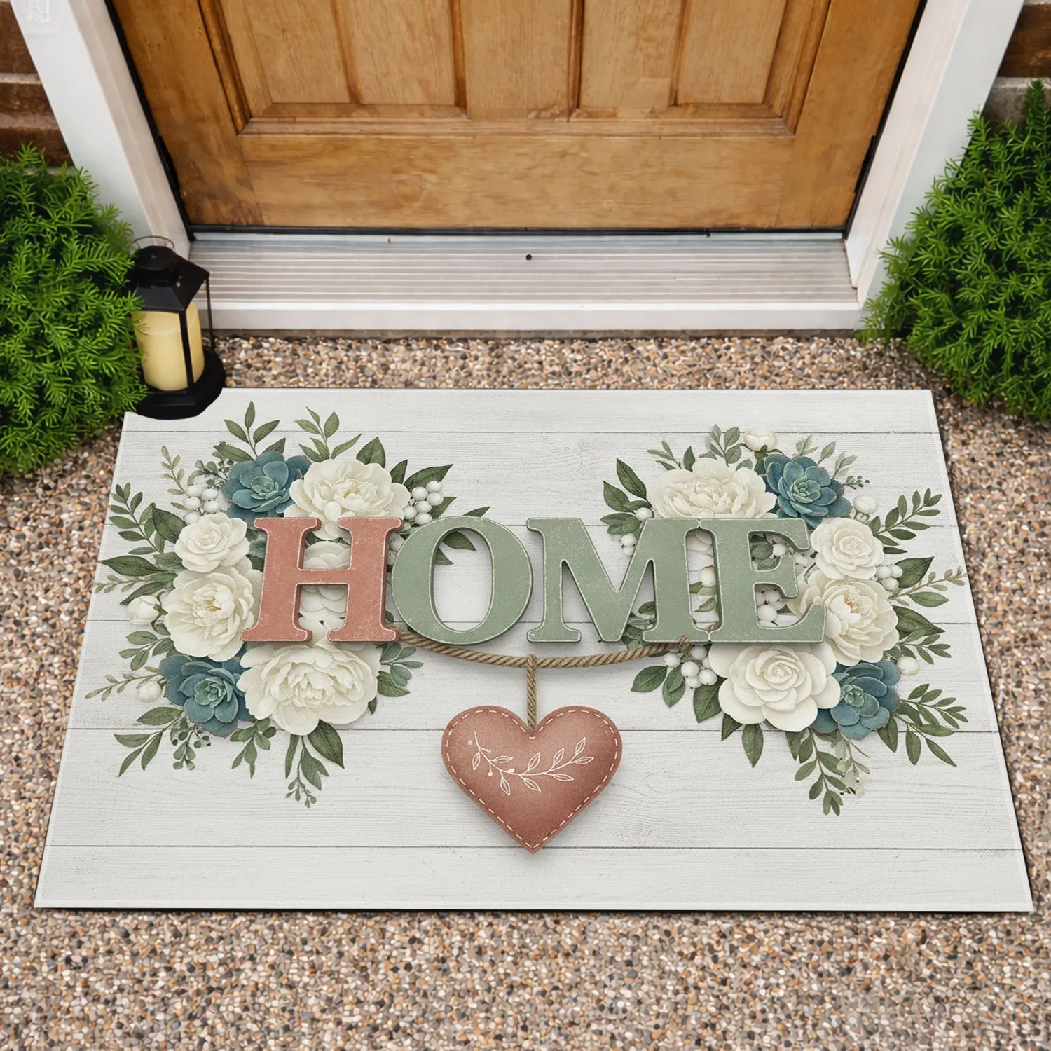 HOME Lettering Heart Botanical Shiplap - Rustic Farmhouse Home Decor Gift Doormat - 1