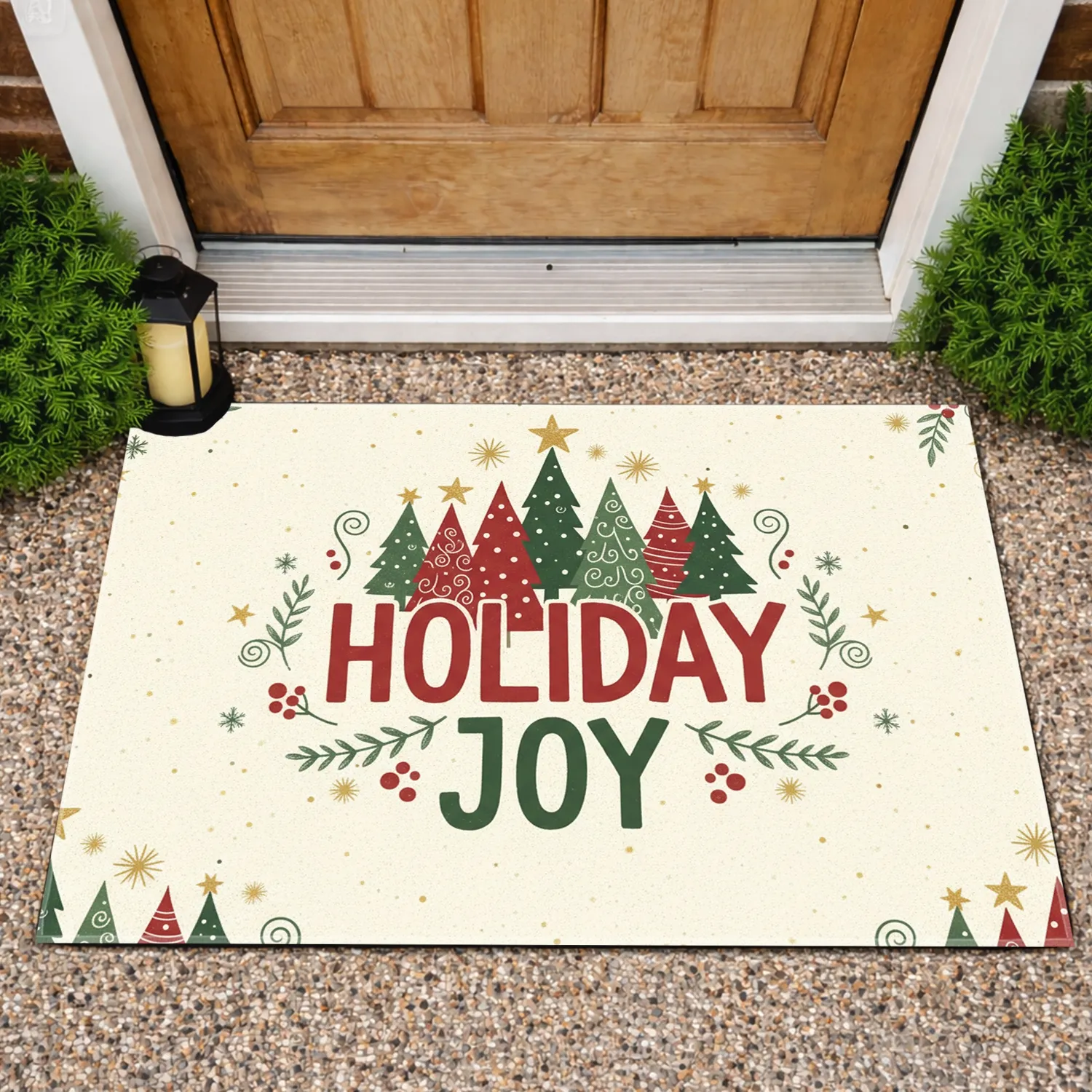 Holiday Joy Christmas Trees Stars Snowflakes Berries - Festive Winter Holiday Home Decor Doormat - 1