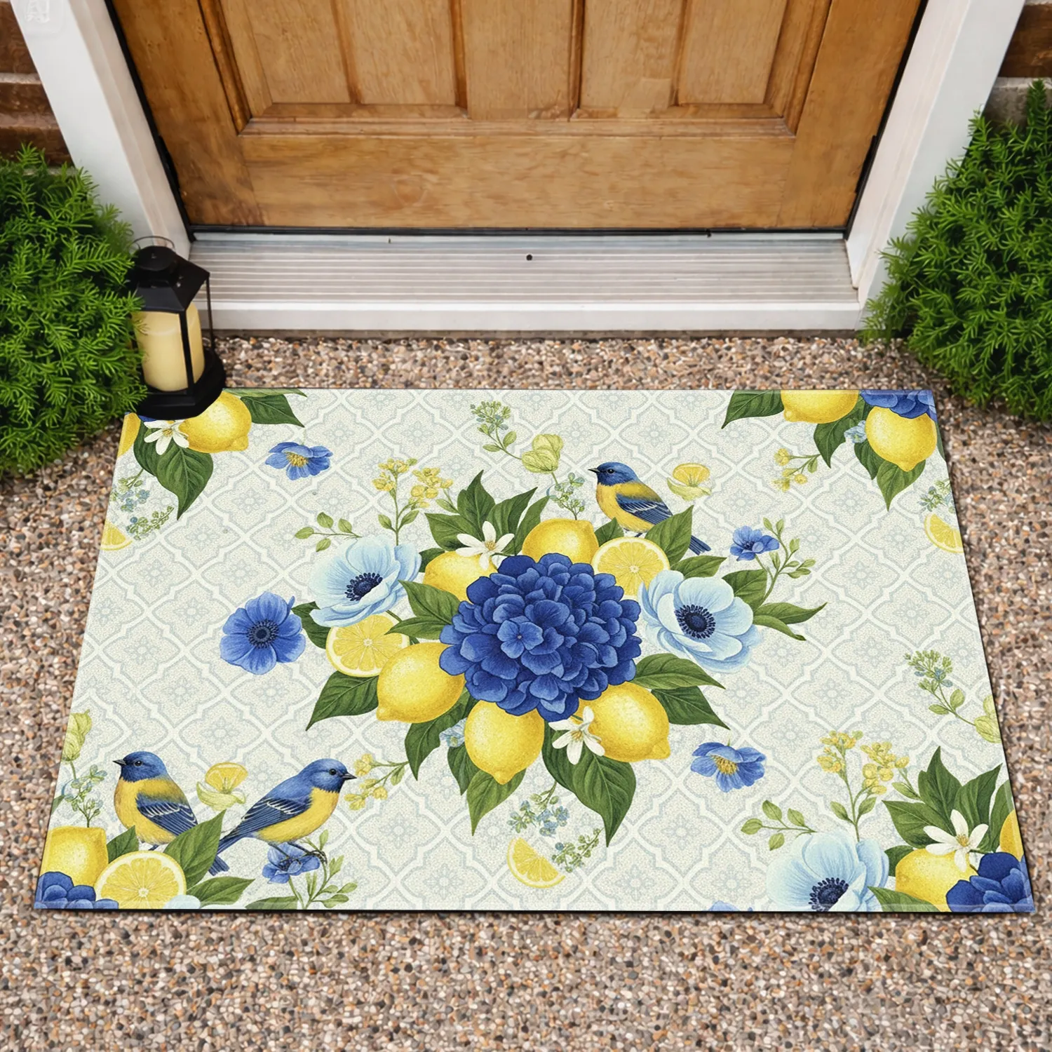Lemons Blue Flowers Songbirds Geometric Lattice - Home Decor Gift for Garden Lover Doormat - 1