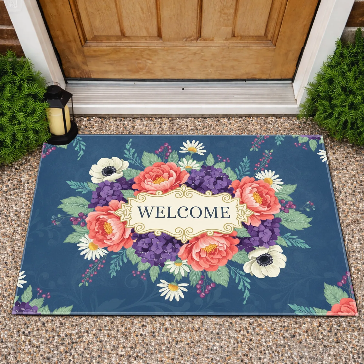 Welcome Banner Peony Hydrangea Anemone Daisy Flower Garden - Home Decor Gift Doormat - 1