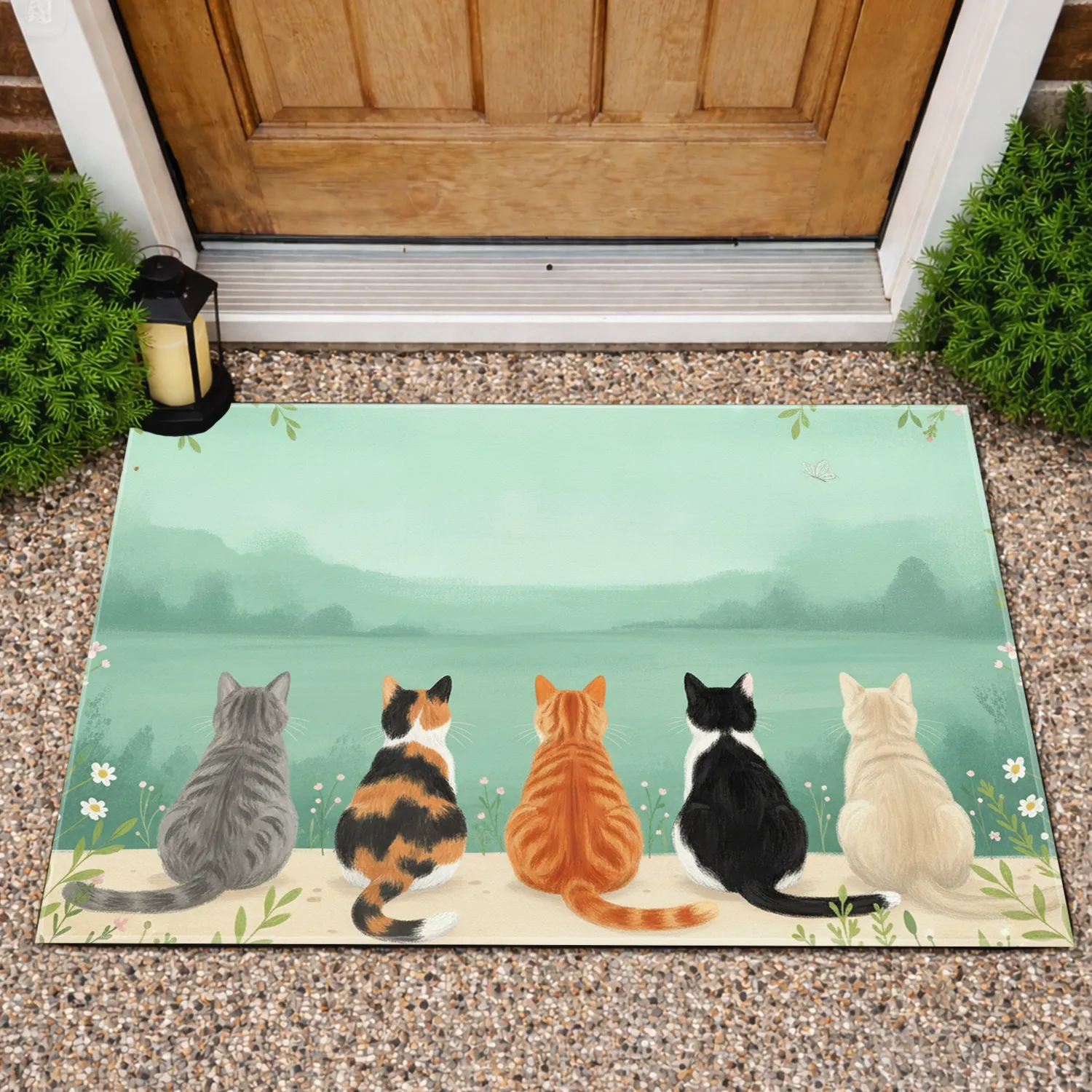 Five Diverse Cats Serene Botanical Garden Landscape Scene - Home Decor Gift for Cat Lovers Doormat - 1