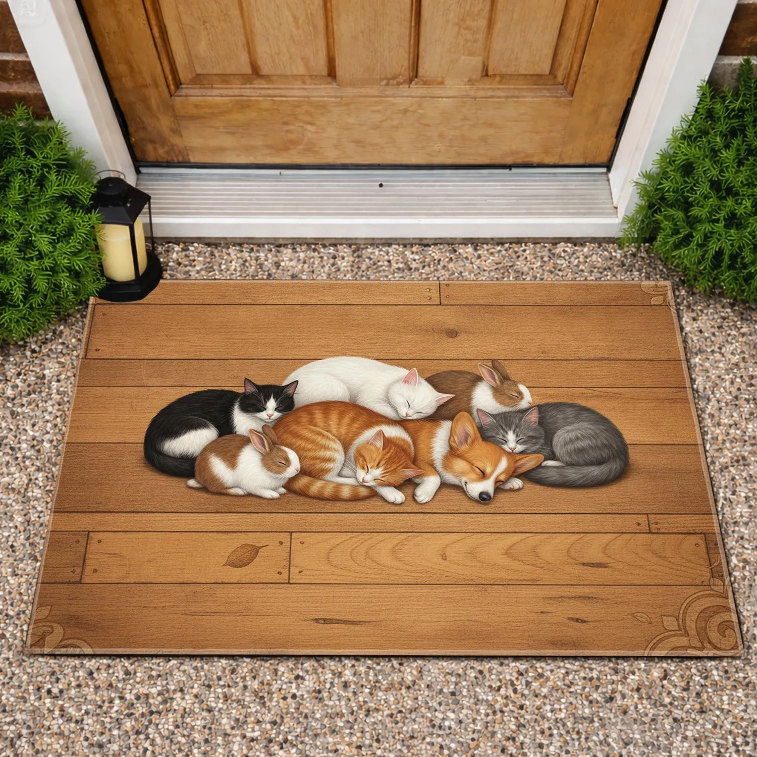 Seven Sleeping Cats Corgi Rabbit on Rustic Wood Floor - Pet Lover Home Decor Gift Doormat - 1