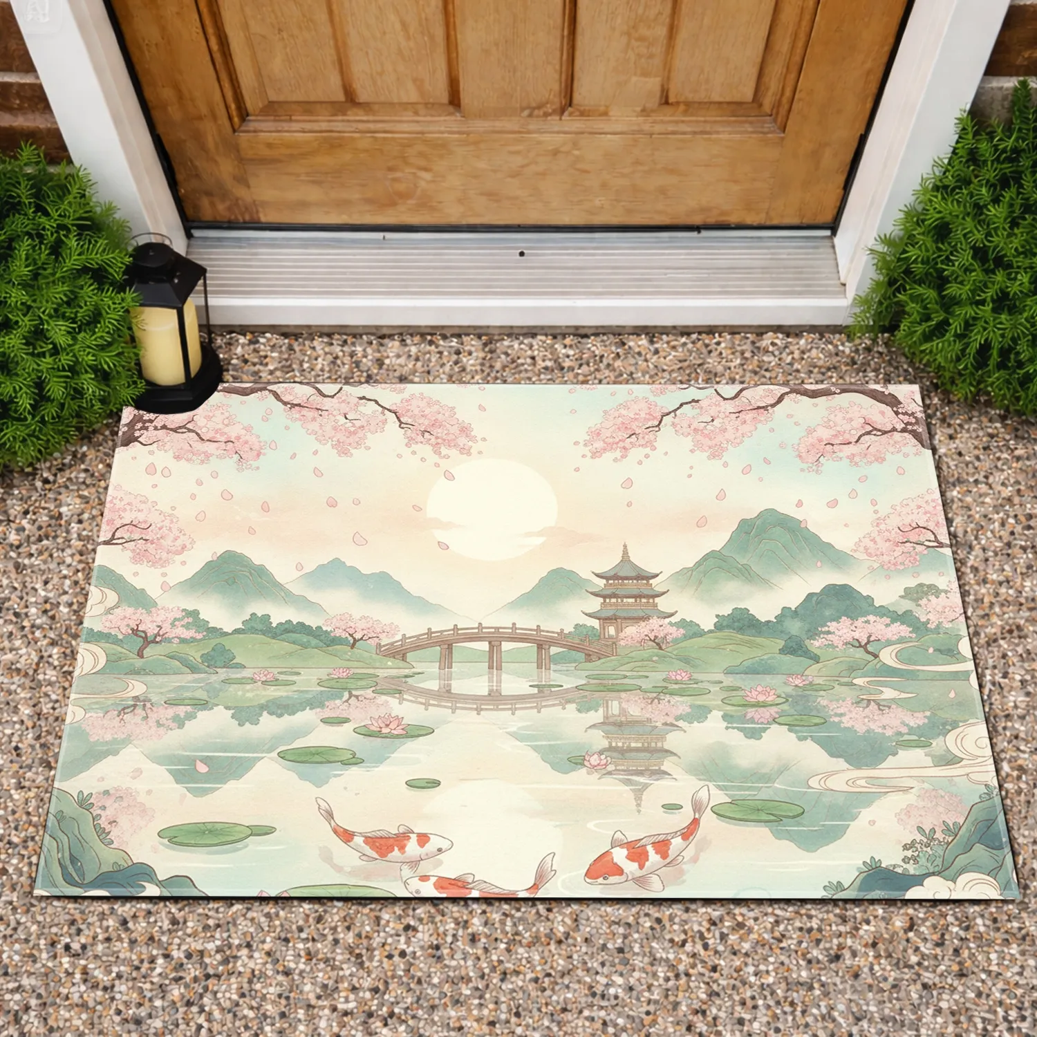 Pagoda Bridge Cherry Blossom Koi Fish Lotus Misty Mountain - Home Decor Gift Doormat - 1