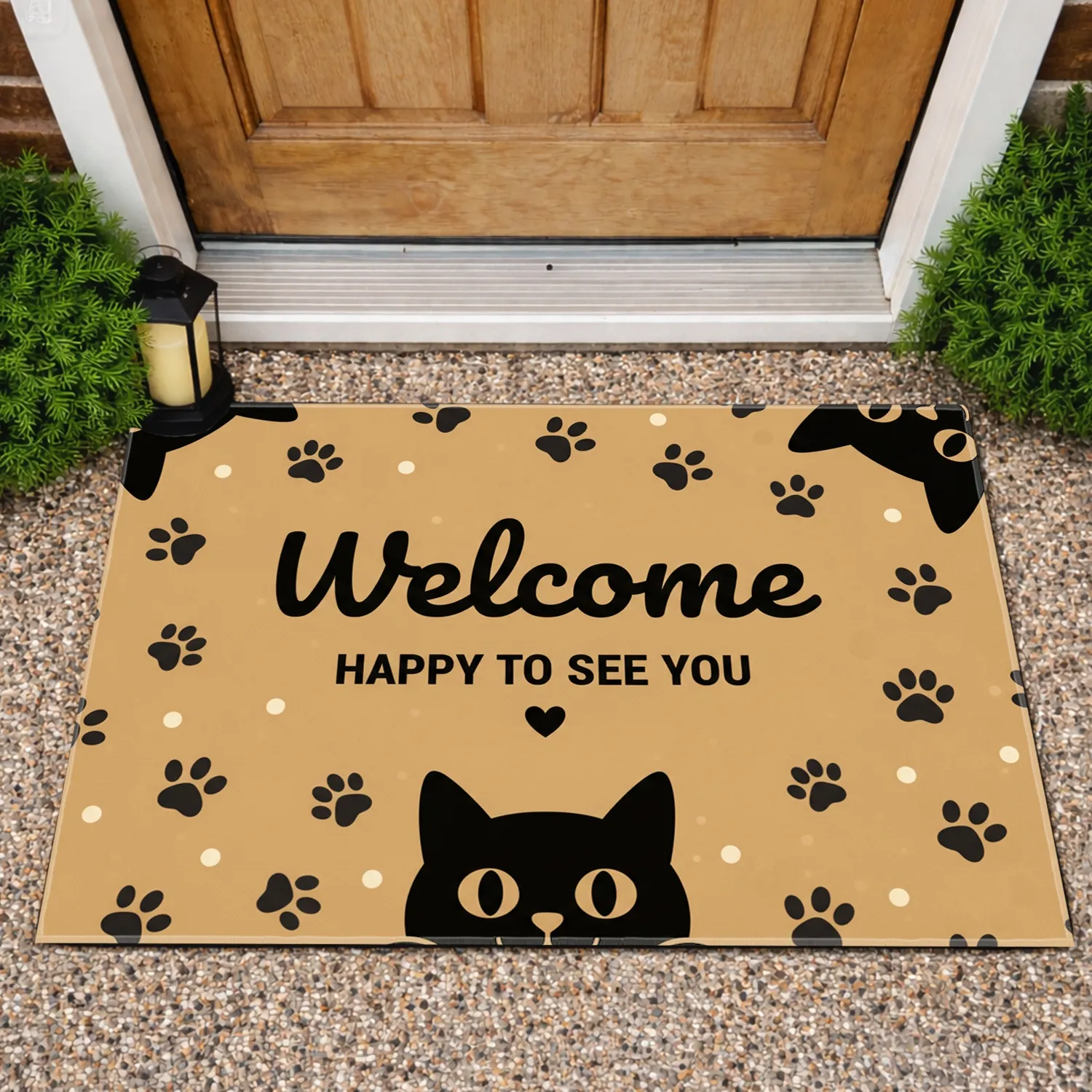 Black Cats Welcome Happy to See You Paw Prints Heart Warm Tan - Home Decor Gift for Cat Lover Doormat - 1
