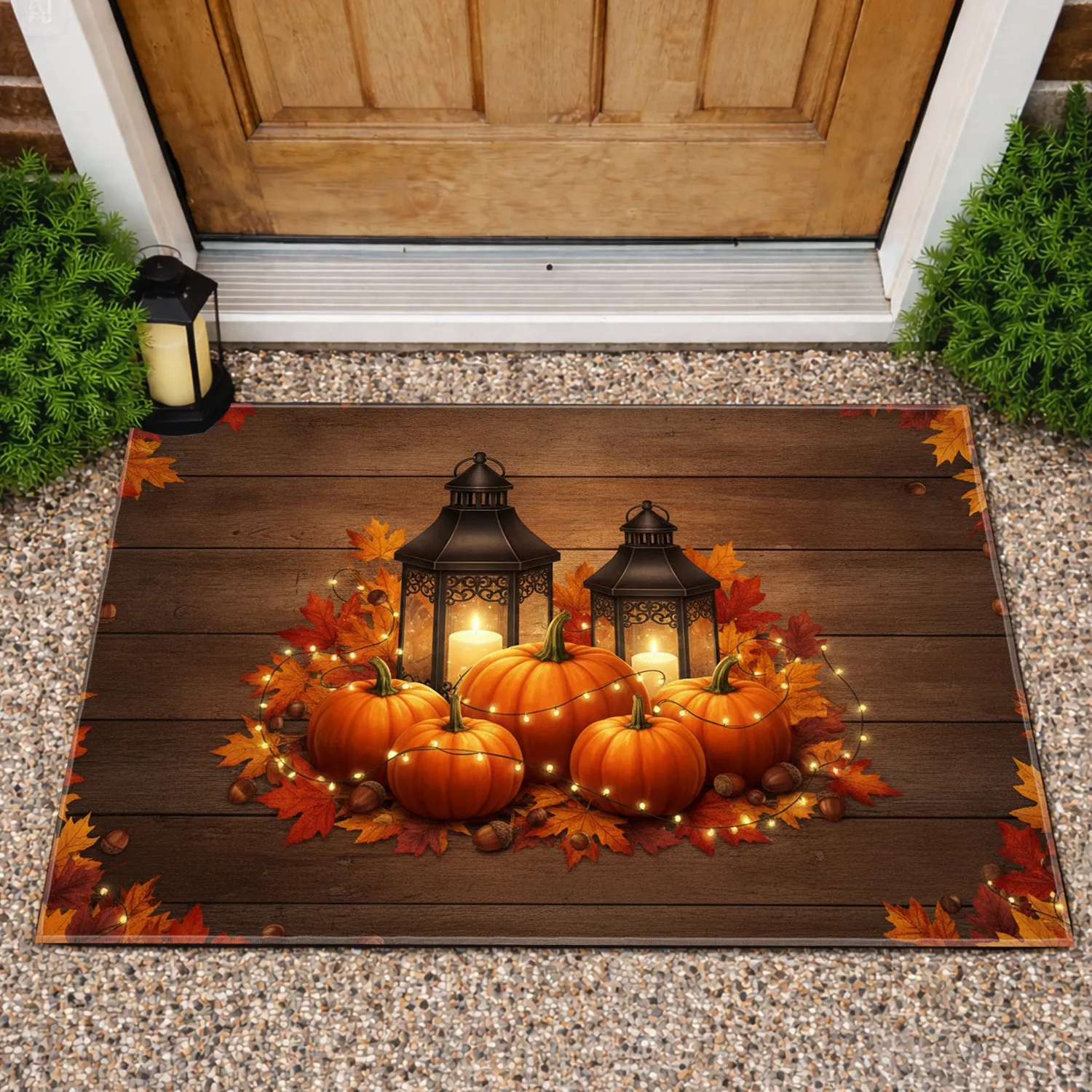 Orange Pumpkins Black Lanterns Autumn Foliage - Fall Home Decor Gift Doormat - 1
