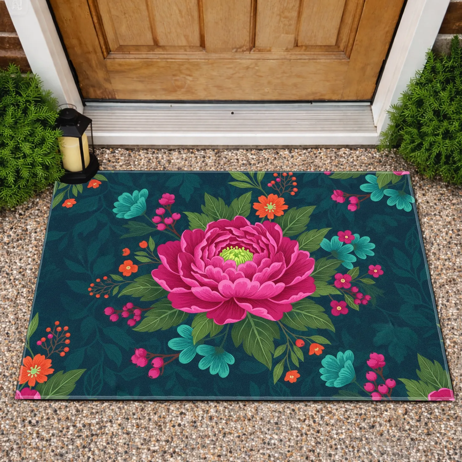 Opulent Fuchsia Peony Flowers Teal Orange Blossoms Lush Foliage Berry Clusters - Home Decor Gift Doormat - 1