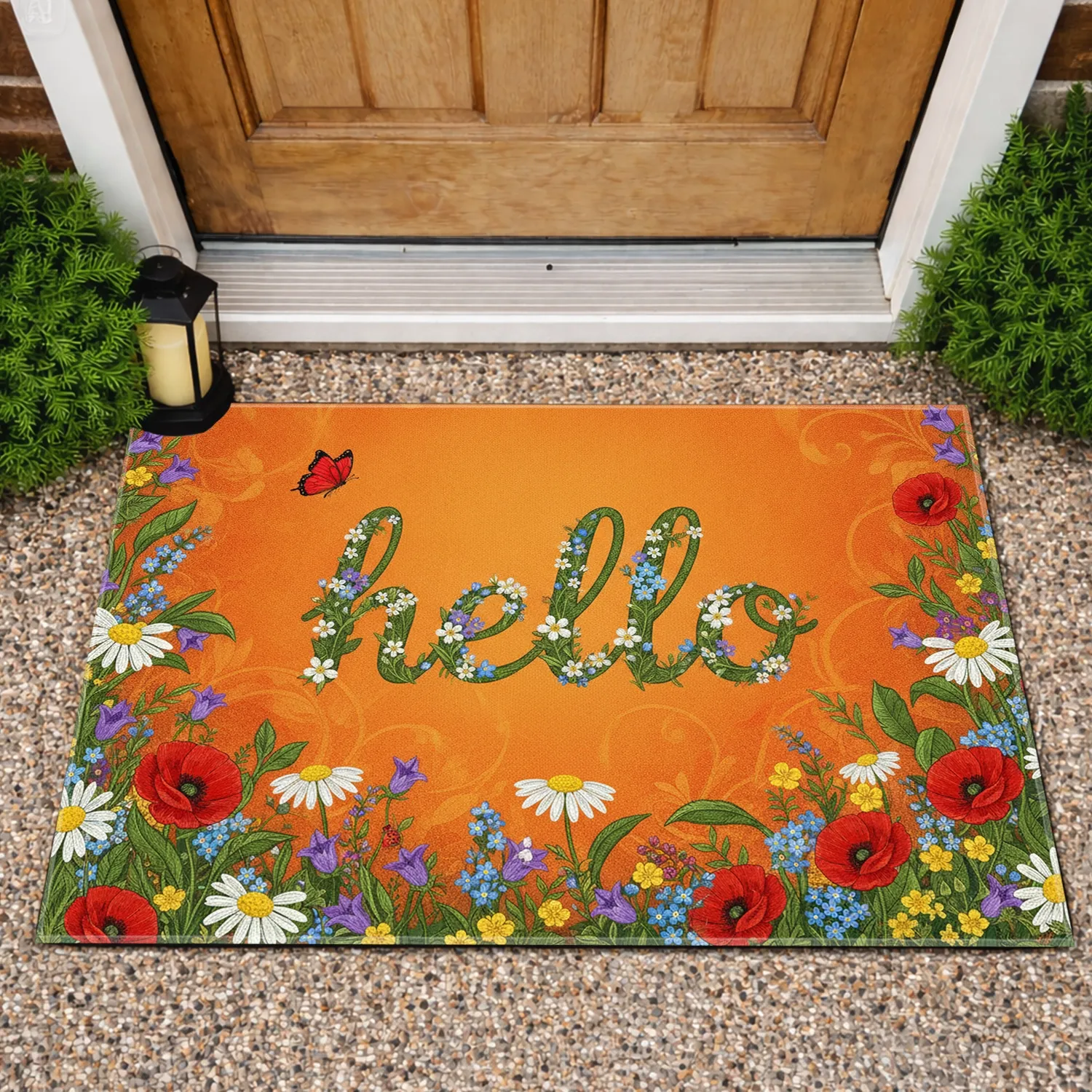 Hello Green Script Wildflowers Ladybug Butterfly - Spring Summer Home Decor Doormat - 1