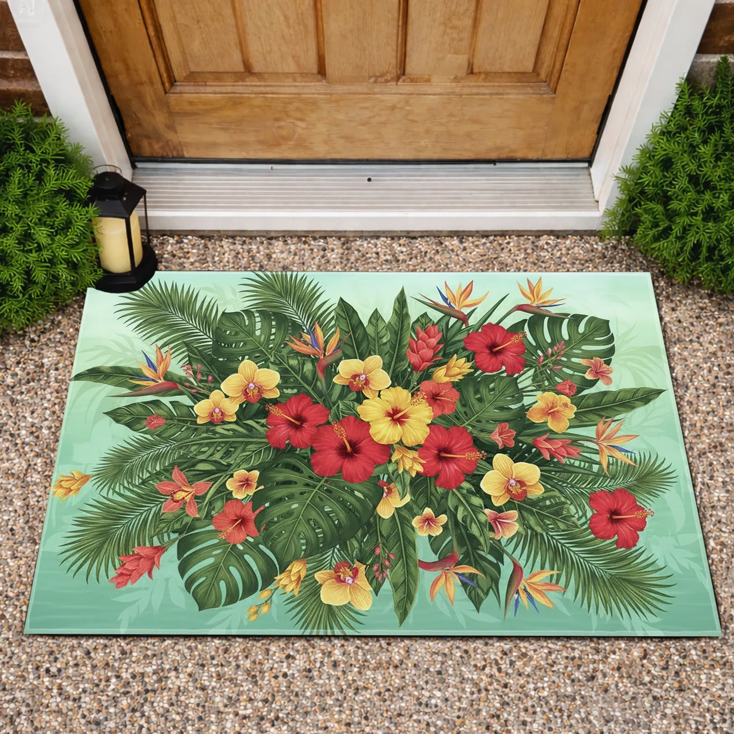 Hibiscus Orchid Palm Fronds Monstera Leaves Tropical Flowers Foliage - Home Decor Gift Doormat - 1