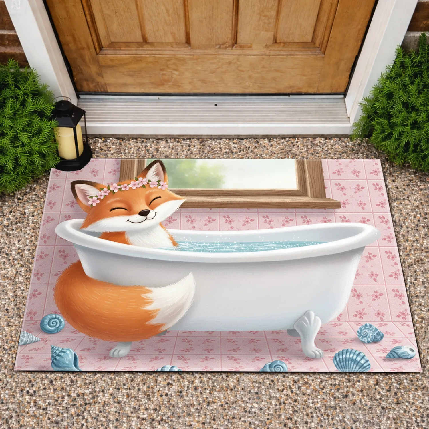 Fox in Bathtub Floral Crown - Home Decor Gift for Fox Lovers Doormat - 1