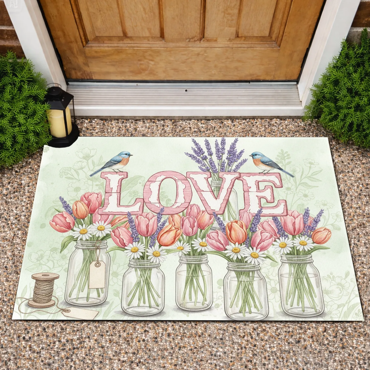 LOVE Rustic Planks Spring Flowers Songbirds Glass Jars - Farmhouse Home Decor Doormat - 1