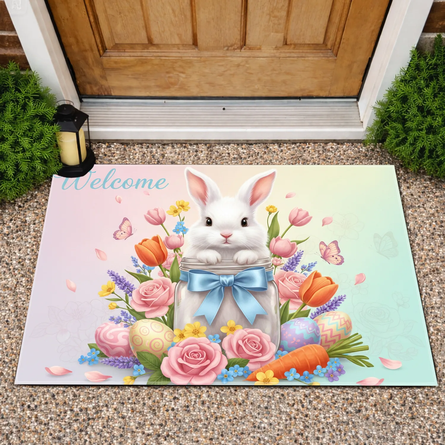 Fluffy Baby Bunny Easter Eggs Spring Welcome - Easter Home Decor Gift Doormat - 1