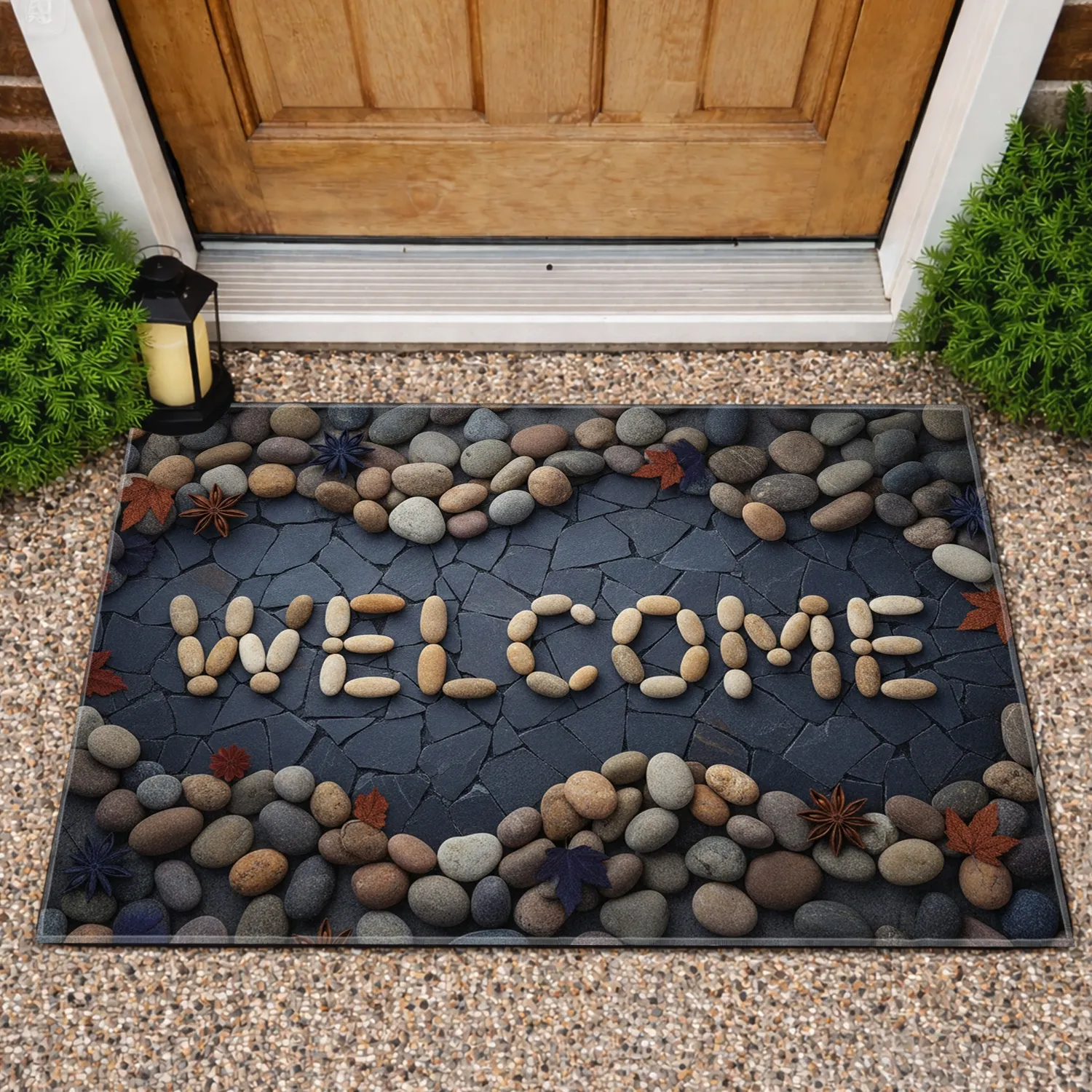 WELCOME Stone Text River Stones Slate Mosaic - Home Decor Gift Doormat - 1