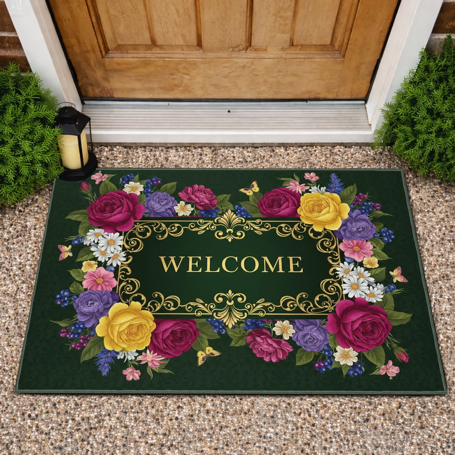 Golden WELCOME Floral Butterflies Garden - Home Decor Gift Doormat - 1