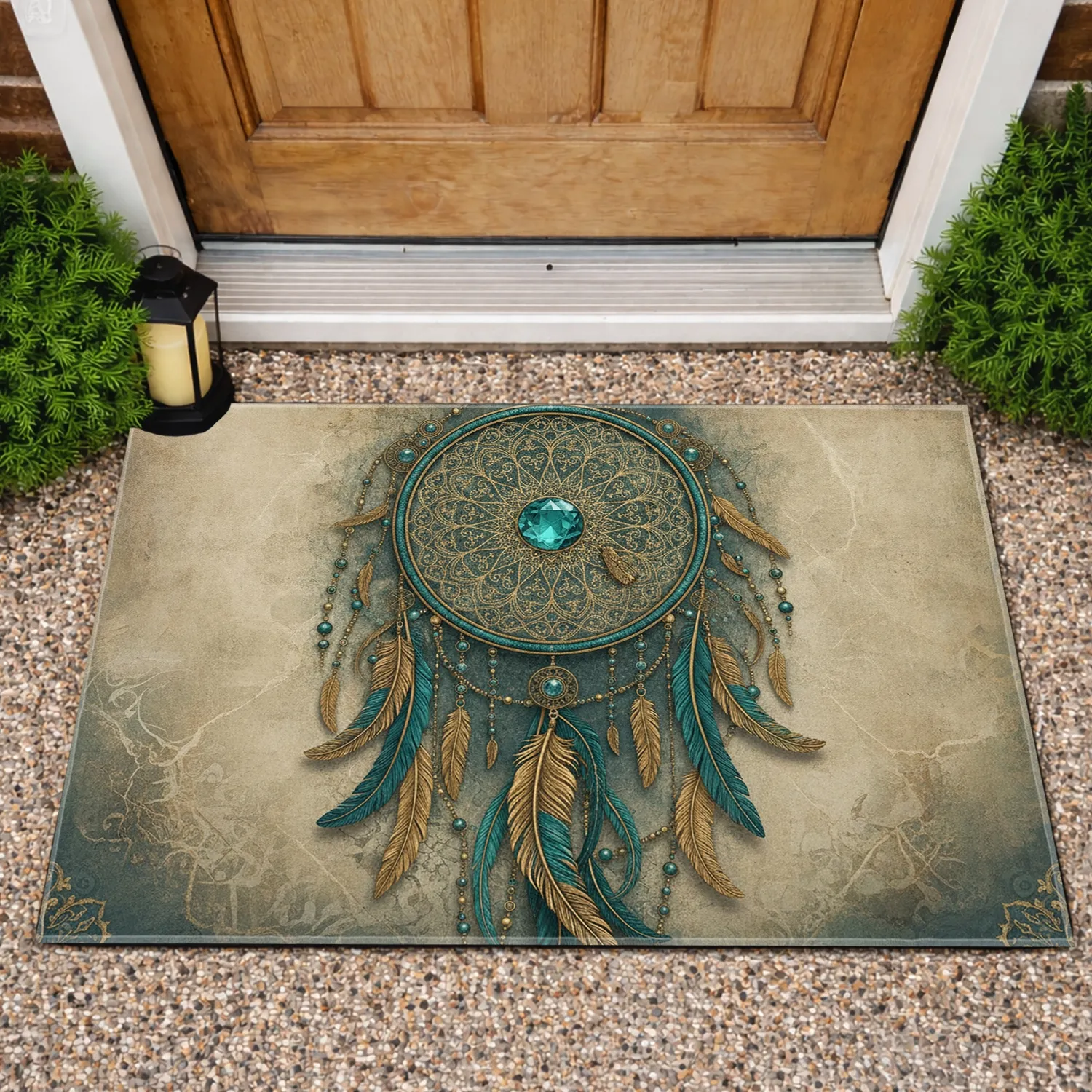 Ornate Gemstone Dreamcatcher Teal Gold Feathers - Boho Lifestyle Decor Doormat - 1
