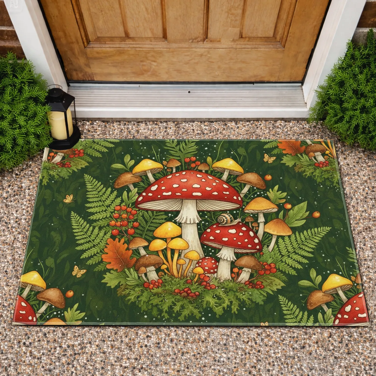 Red Cap Mushroom Forest Ferns Berries Butterflies Snail - Nature Lover Home Decor Gift Doormat - 1