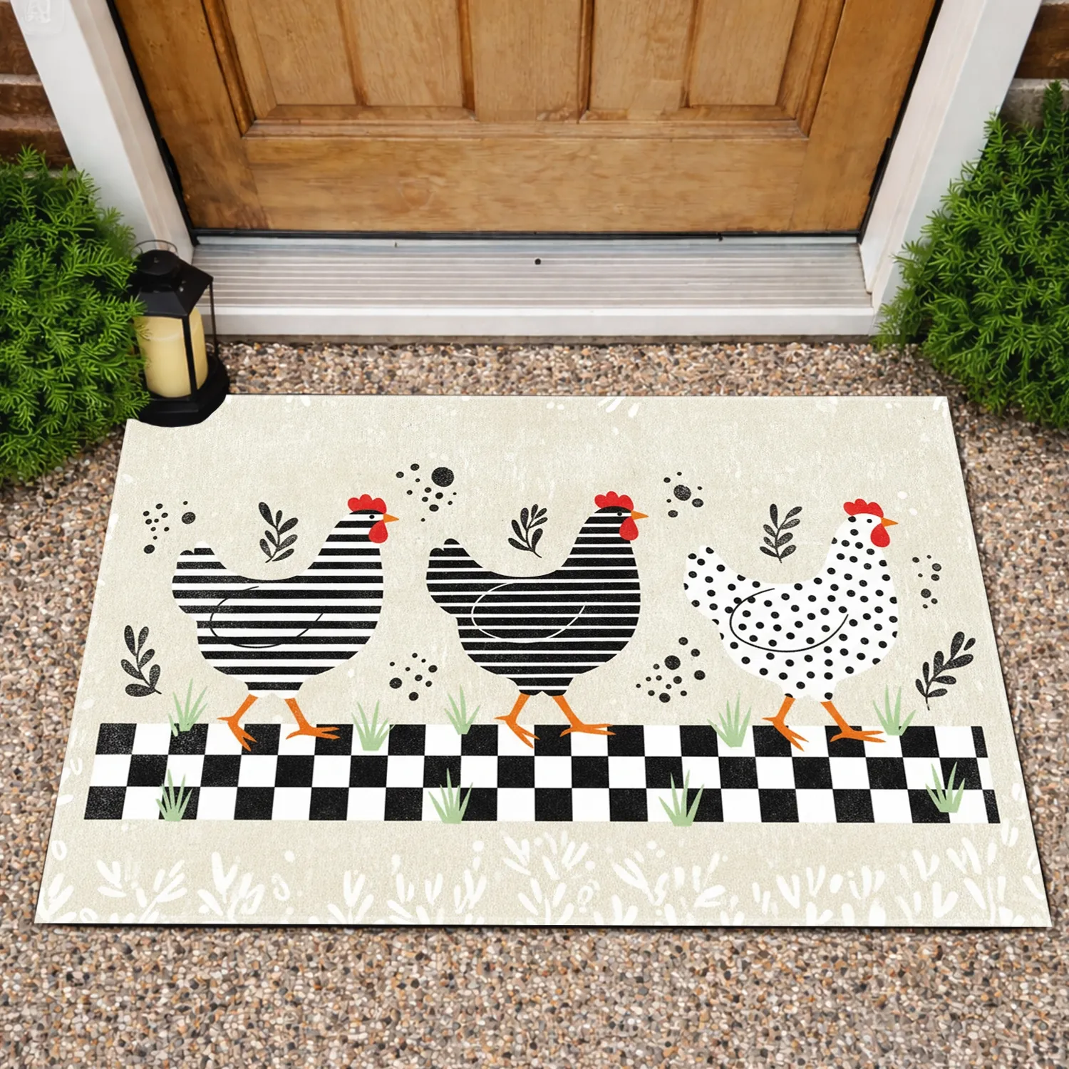 Three Farm Chickens Black White Checkered - Farmhouse Decor Gift for Chicken Lovers Doormat - 1