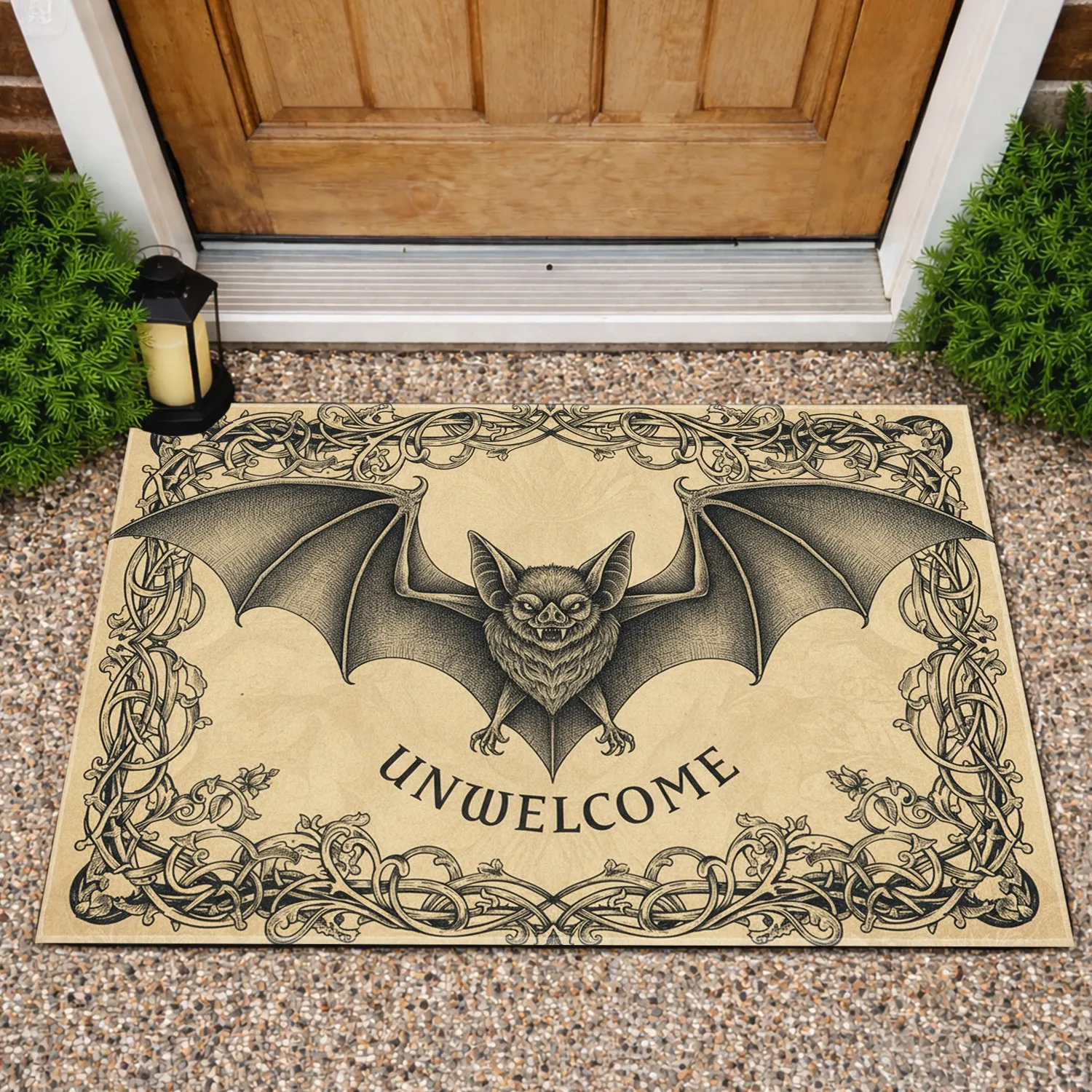 Parchment Gothic Bat Unwelcome Text Scrollwork - Home Decor Gift for Goth Lover Doormat - 1