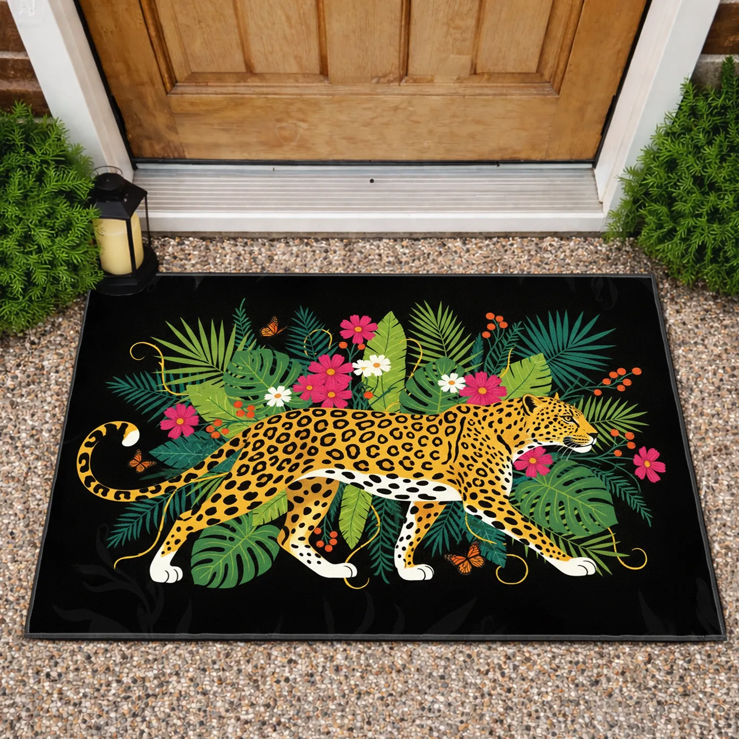 Spotted Leopard Tropical Jungle Flowers - Wildlife Lover Home Decor Gift Doormat - 1